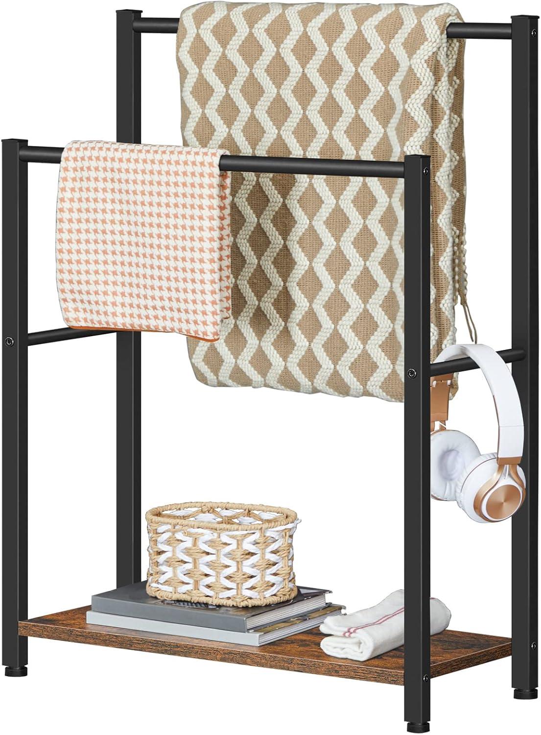 imageHOOBRO Free Standing Towel Rack for Bathroom 2 Tier Blanket Rack 165 L x 94 W x 315 H Blanket Holder Drying and Display Rack with Shelf Rustic Brown and Black BF02LB01Rustic Brown Black
