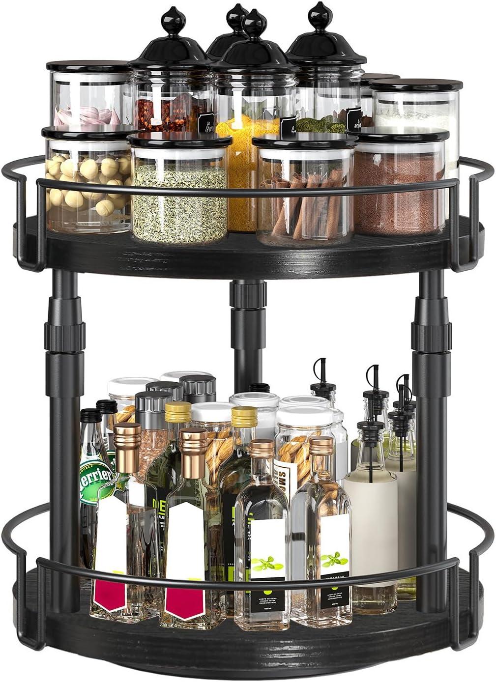 imageHOOBRO Lazy Susan Organizer Spice Rack 2Tier Height Adjustable Rotating Lazy Turntable Spice Organizer for Kitchen Countertop and Cabinet Black BB05TL01Black