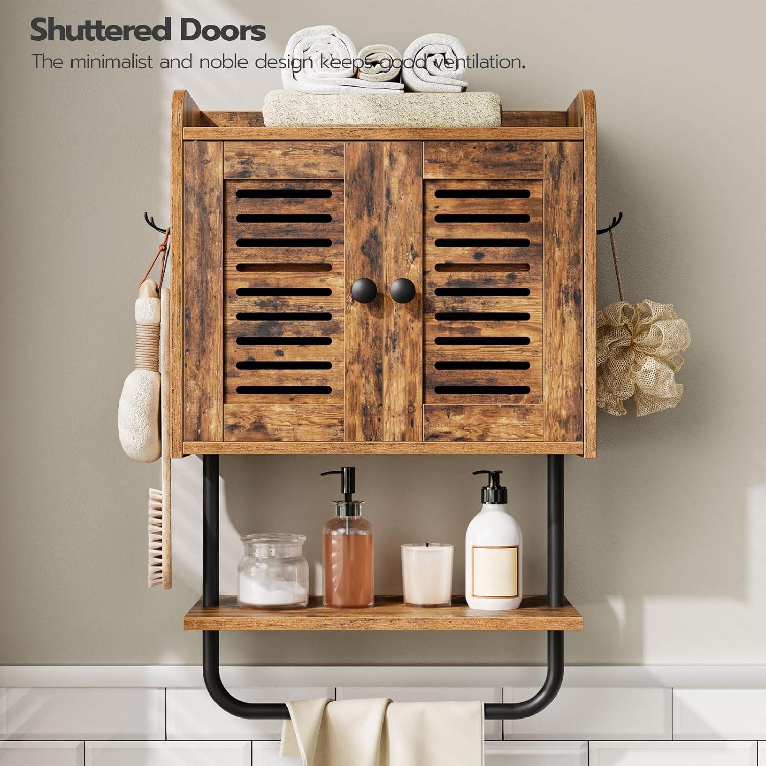 imageHOOBRO Medicine Cabinet Double Doors Bathroom Wall Cabinet with Towel Bar Adjustable Shelf 2 Hooks Over The Toilet Storage Cabinet for Bedroom Kitchen BF46CW01BW47CW01