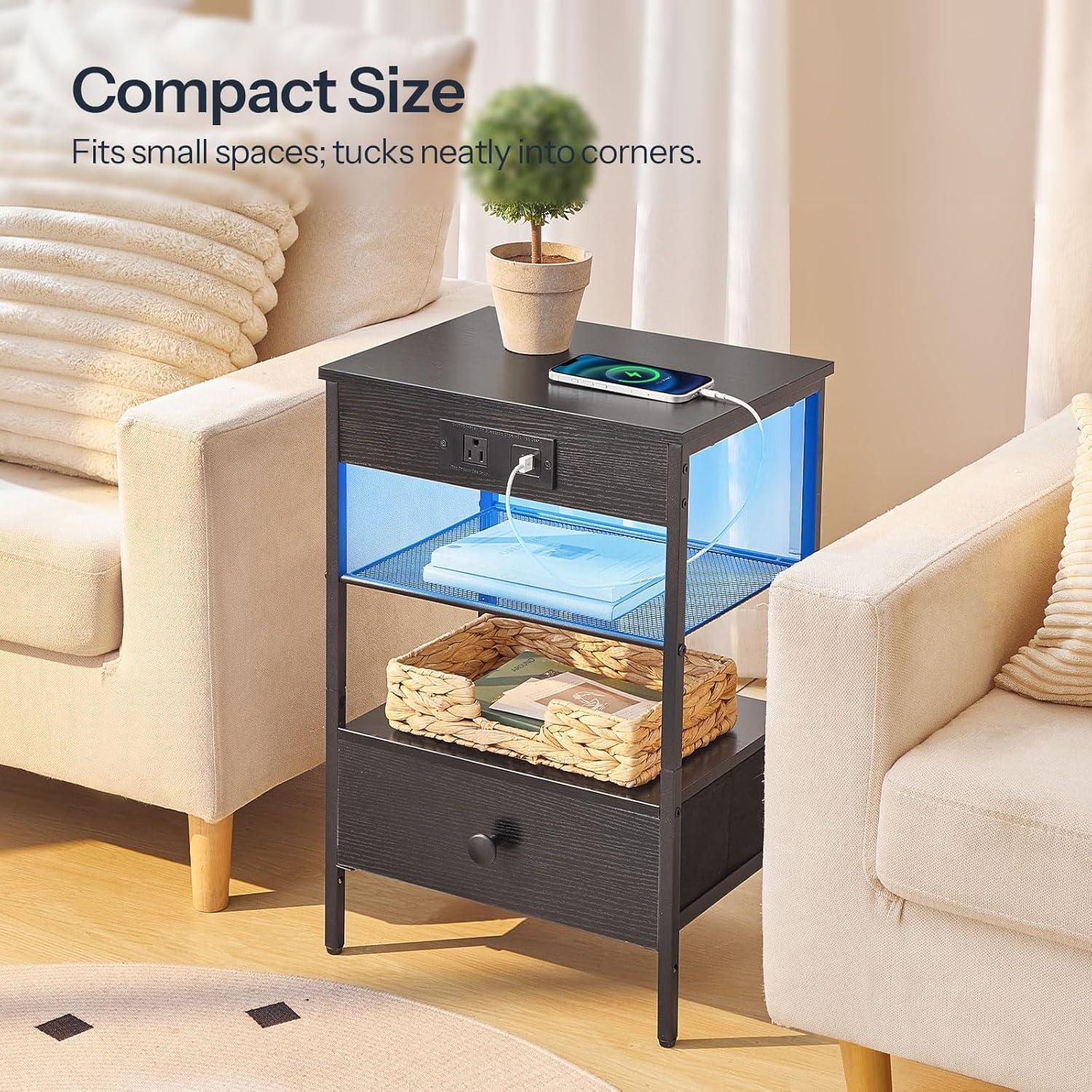 imageHOOBRO Nightstand with Charging Station End Table with Adjustable Fabric Drawer USBA TypeC 1 AC Outlet LED Bed Side Table for Bedroom Living Room Study Rustic Brown and Black BF209UDBZ01Black
