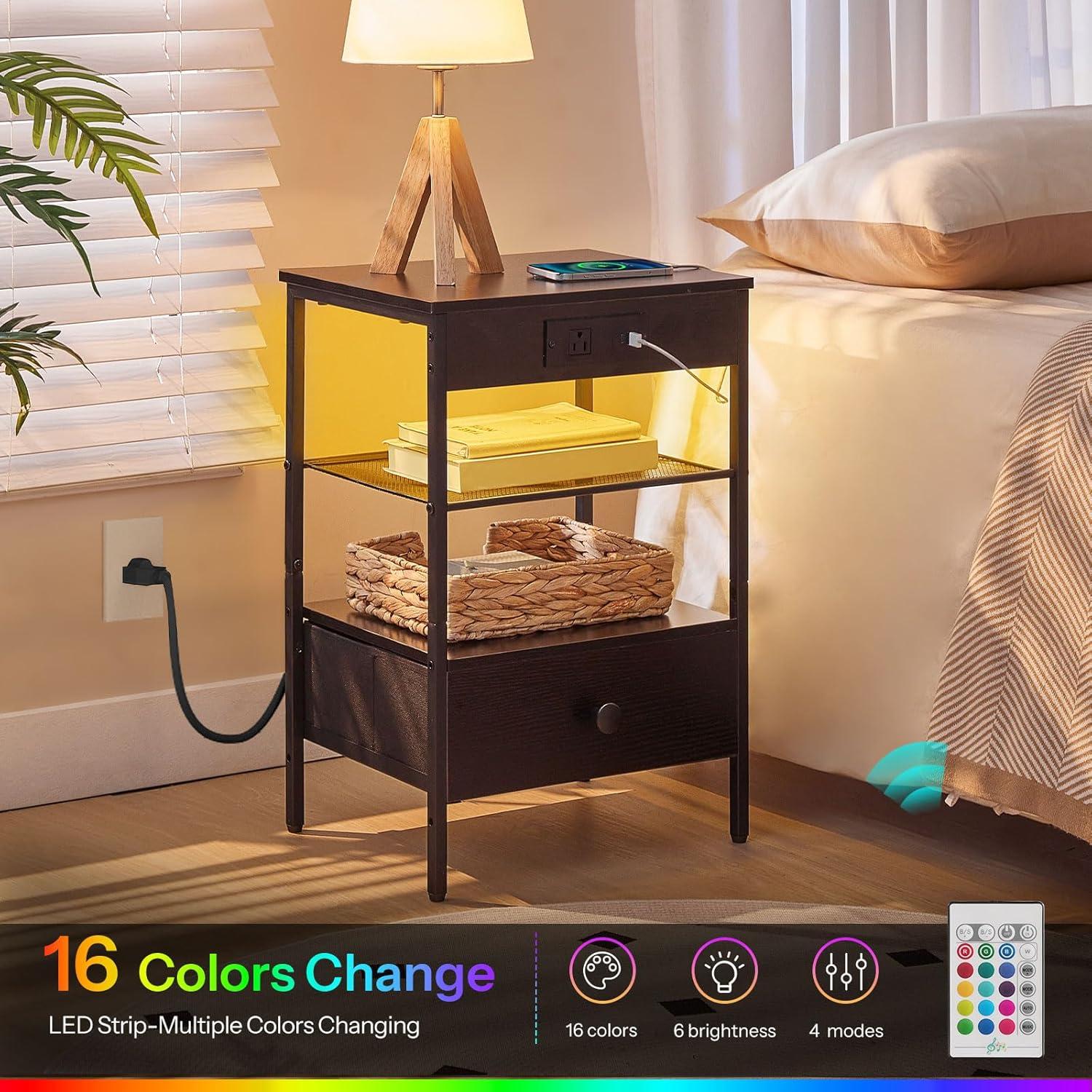 imageHOOBRO Nightstand with Charging Station End Table with Adjustable Fabric Drawer USBA TypeC 1 AC Outlet LED Bed Side Table for Bedroom Living Room Study Rustic Brown and Black BF209UDBZ01Black