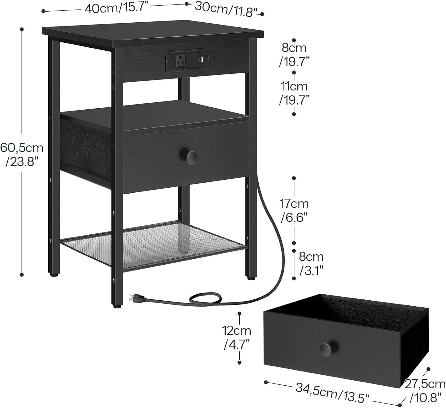 imageHOOBRO Nightstand with Charging Station End Table with Adjustable Fabric Drawer USBA TypeC 1 AC Outlet LED Bed Side Table for Bedroom Living Room Study Rustic Brown and Black BF209UDBZ01Black