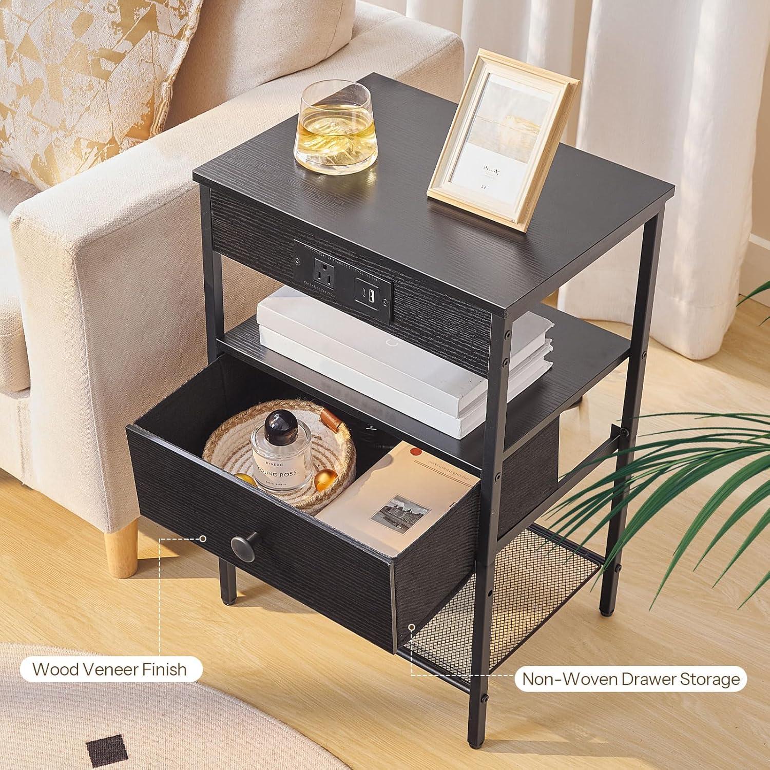 imageHOOBRO Nightstand with Charging Station End Table with Adjustable Fabric Drawer USBA TypeC 1 AC Outlet LED Bed Side Table for Bedroom Living Room Study Rustic Brown and Black BF209UDBZ01Black