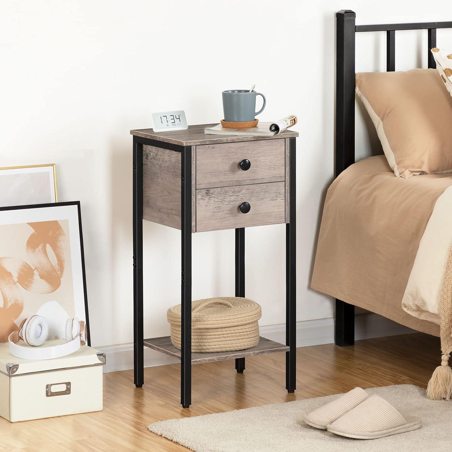 imageHOOBRO Tall Nightstand End Table with 2 Drawers and Storage Shelf Industrial Telephone Side Table for Study Bedroom Space Saving Easy Assembly Rustic Brown and Black BF72BZ01Greige Black