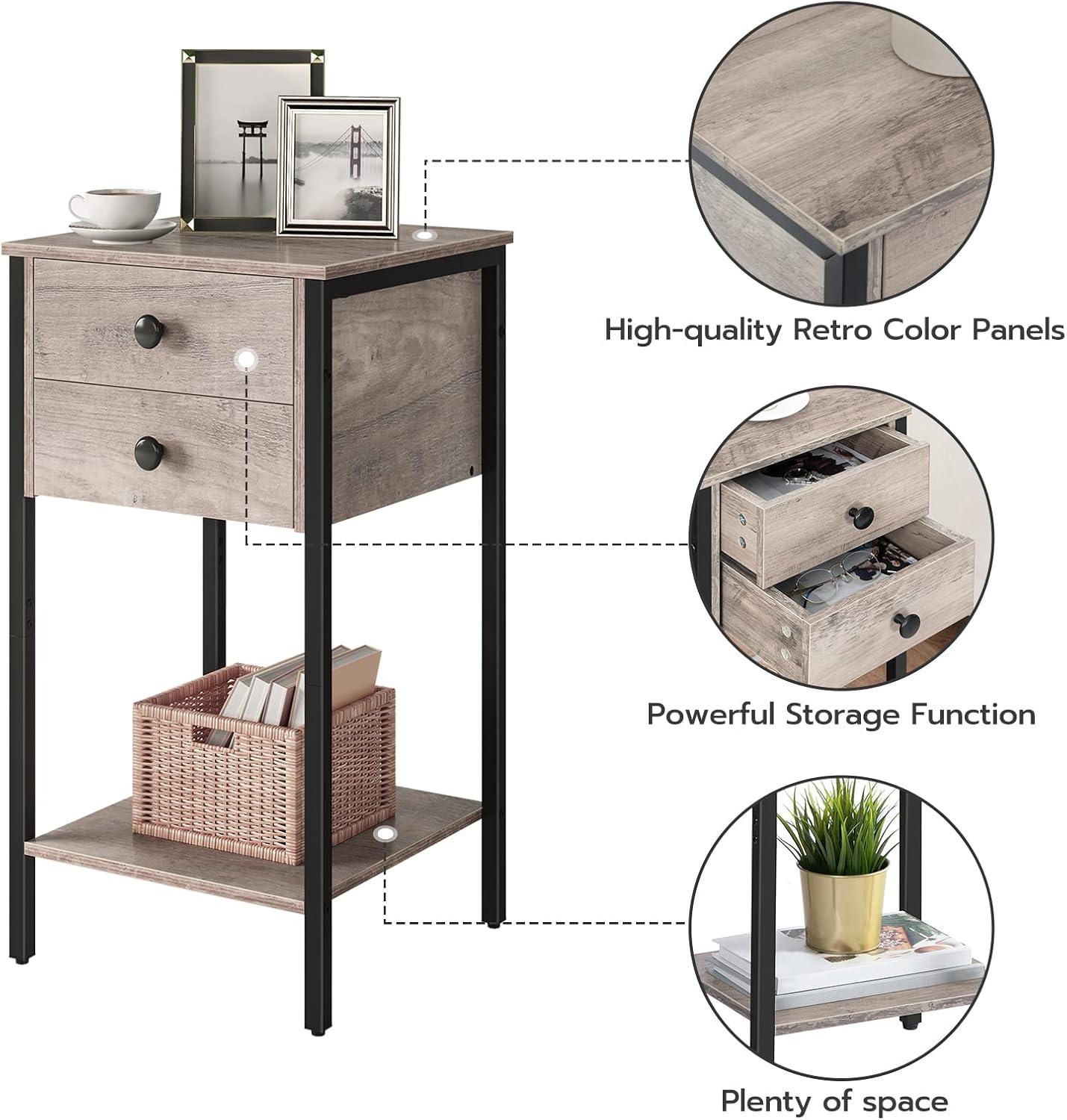 imageHOOBRO Tall Nightstand End Table with 2 Drawers and Storage Shelf Industrial Telephone Side Table for Study Bedroom Space Saving Easy Assembly Rustic Brown and Black BF72BZ01Greige Black