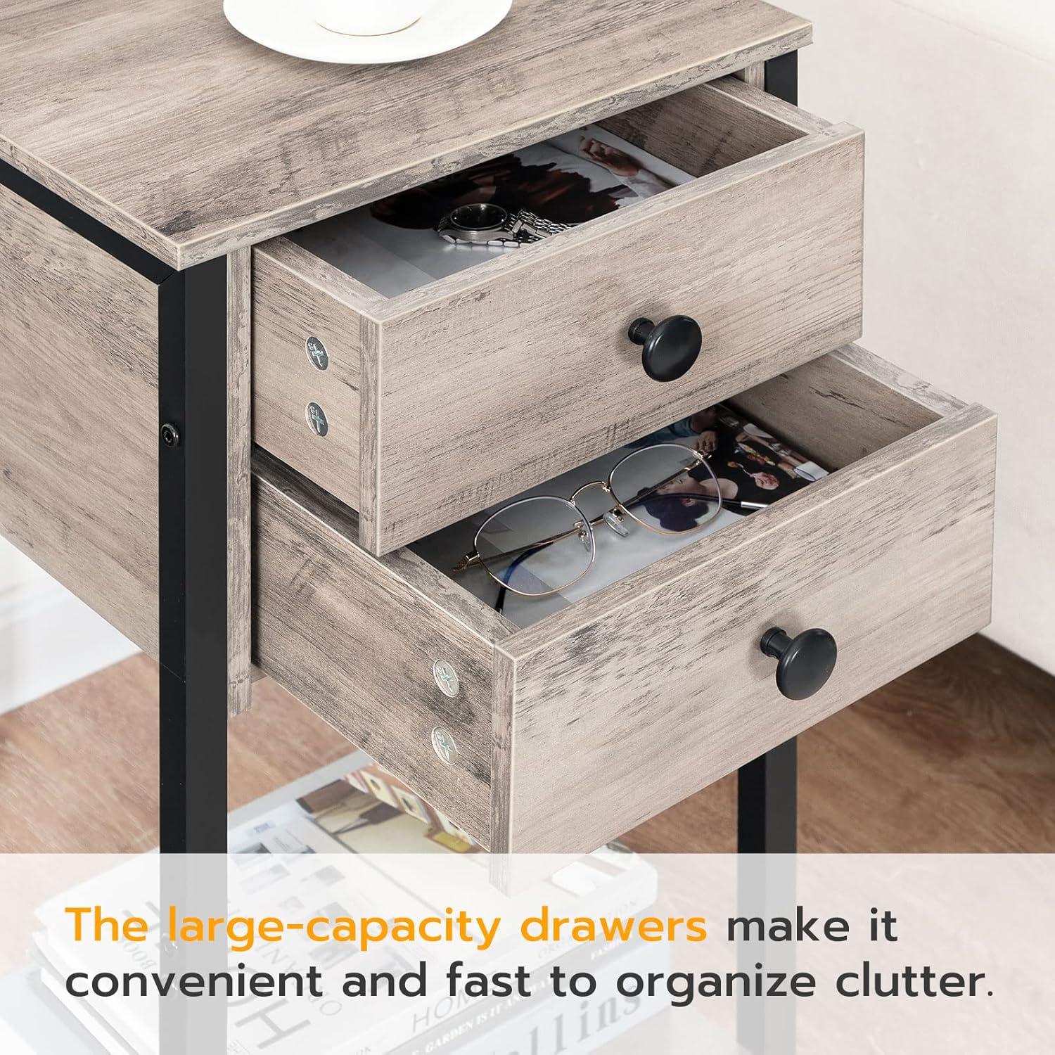 imageHOOBRO Tall Nightstand End Table with 2 Drawers and Storage Shelf Industrial Telephone Side Table for Study Bedroom Space Saving Easy Assembly Rustic Brown and Black BF72BZ01Greige Black
