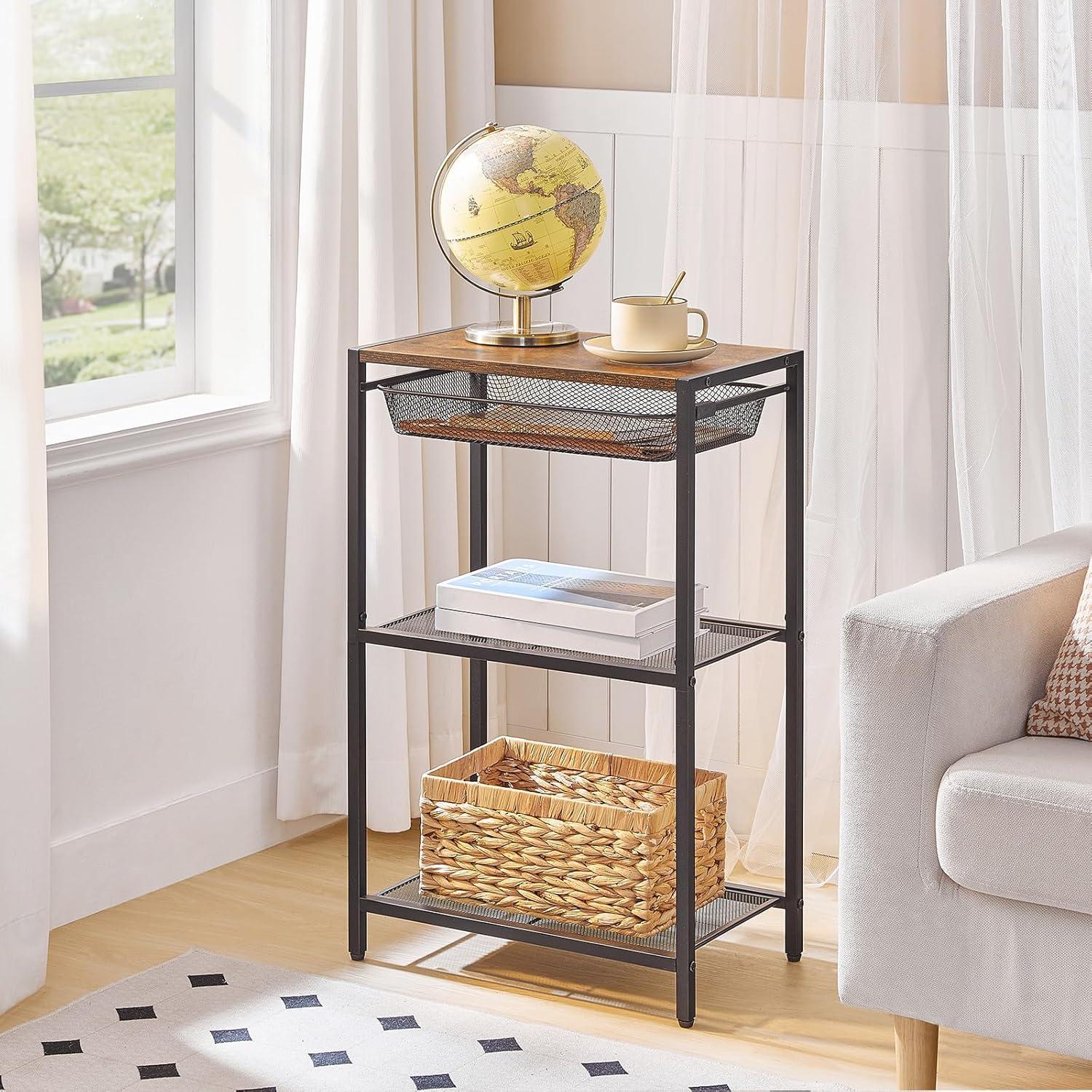 imageHOOBRO 287 Inch Tall Side Table 3Tier Industrial Telephone End Table with Adjustable Metal Mesh Basket Desk Side Table with Storage Shelves for Living Room Bedroom Rustic Brown BF06DH01Rustic Brown Black