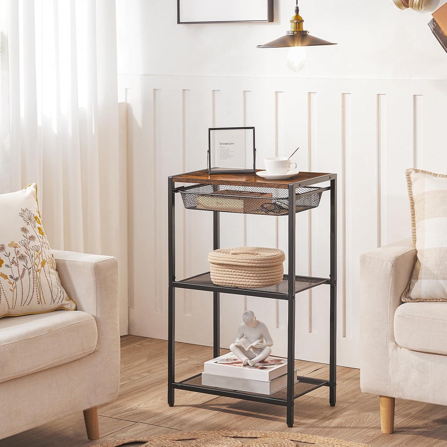 imageHOOBRO 287 Inch Tall Side Table 3Tier Industrial Telephone End Table with Adjustable Metal Mesh Basket Desk Side Table with Storage Shelves for Living Room Bedroom Rustic Brown BF06DH01Rustic Brown Black