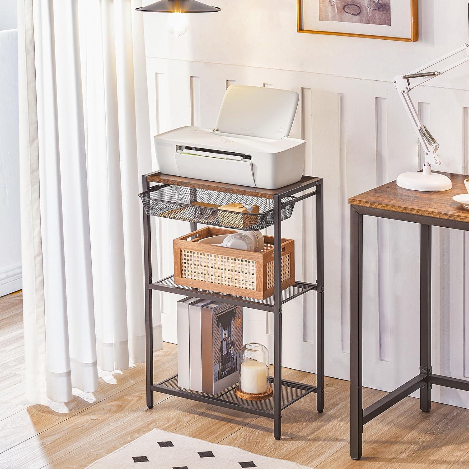 imageHOOBRO 287 Inch Tall Side Table 3Tier Industrial Telephone End Table with Adjustable Metal Mesh Basket Desk Side Table with Storage Shelves for Living Room Bedroom Rustic Brown BF06DH01Rustic Brown Black