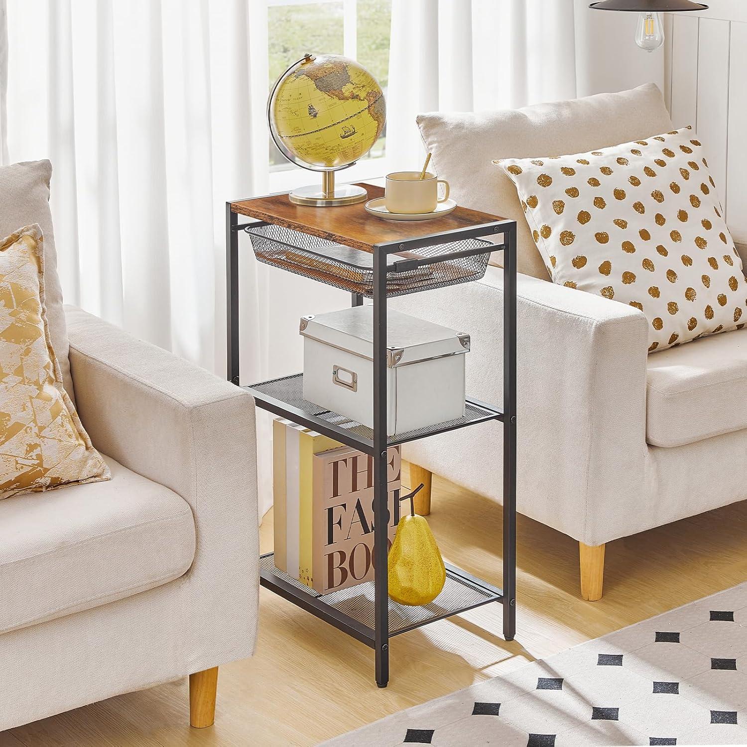 imageHOOBRO 287 Inch Tall Side Table 3Tier Industrial Telephone End Table with Adjustable Metal Mesh Basket Desk Side Table with Storage Shelves for Living Room Bedroom Rustic Brown BF06DH01Rustic Brown Black