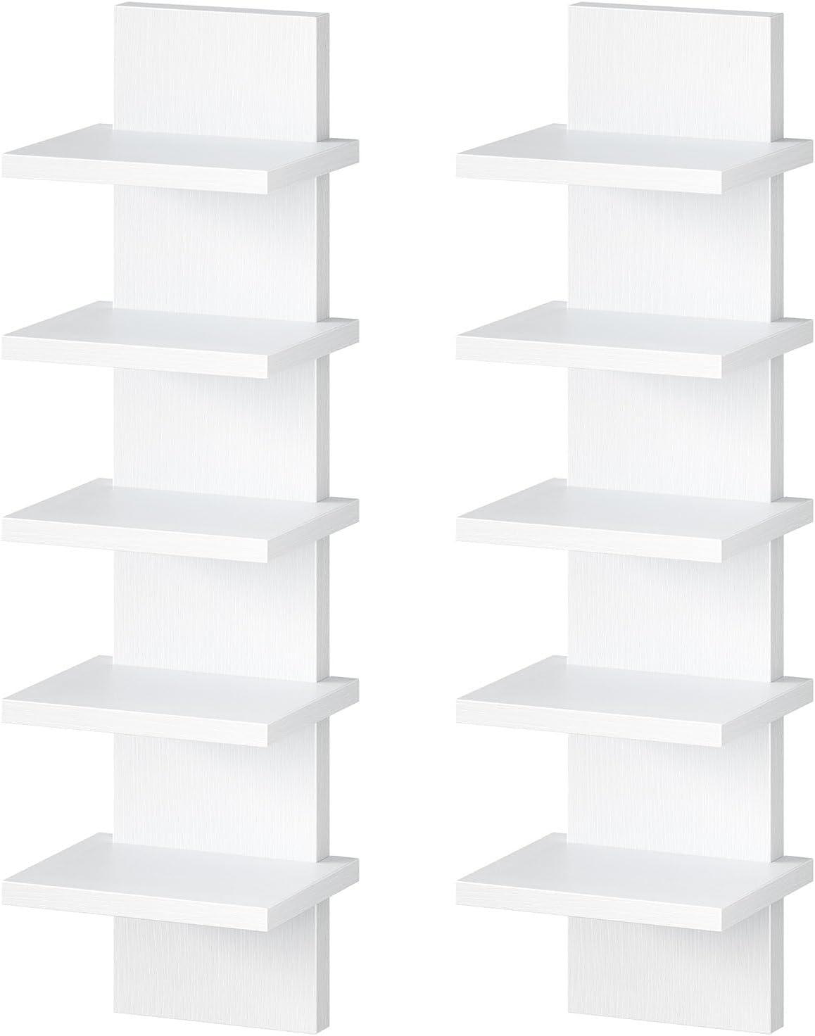 imageHOOBRO 5 Tier Wall Shelf Unit 2 Pack Floating Shelves Wall Mounted Wall Mount Vertical Shelving Floating Storage Rack Organizer Tall Tower Design for Livingroom Bedroom Kitchen White WT18BJP201