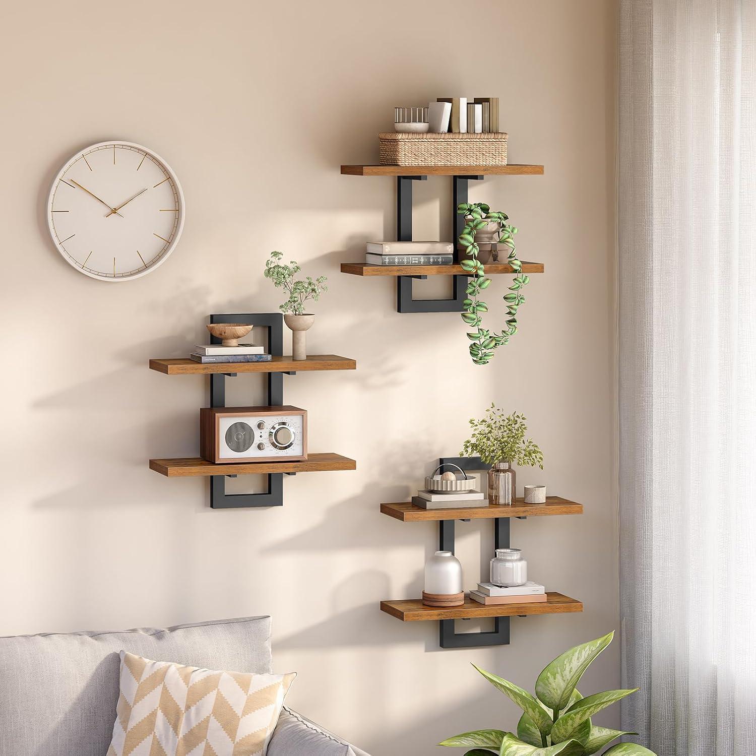 imageHOOBRO Floating Shelves 15 Inch Wall Shelf Set of 2 Wall Mounted Storage Shelves 2Tier Hanging Bathroom Shelves for Living Room Bedroom Bathroom Kitchen White WW32BJ01Rustic Brown Black