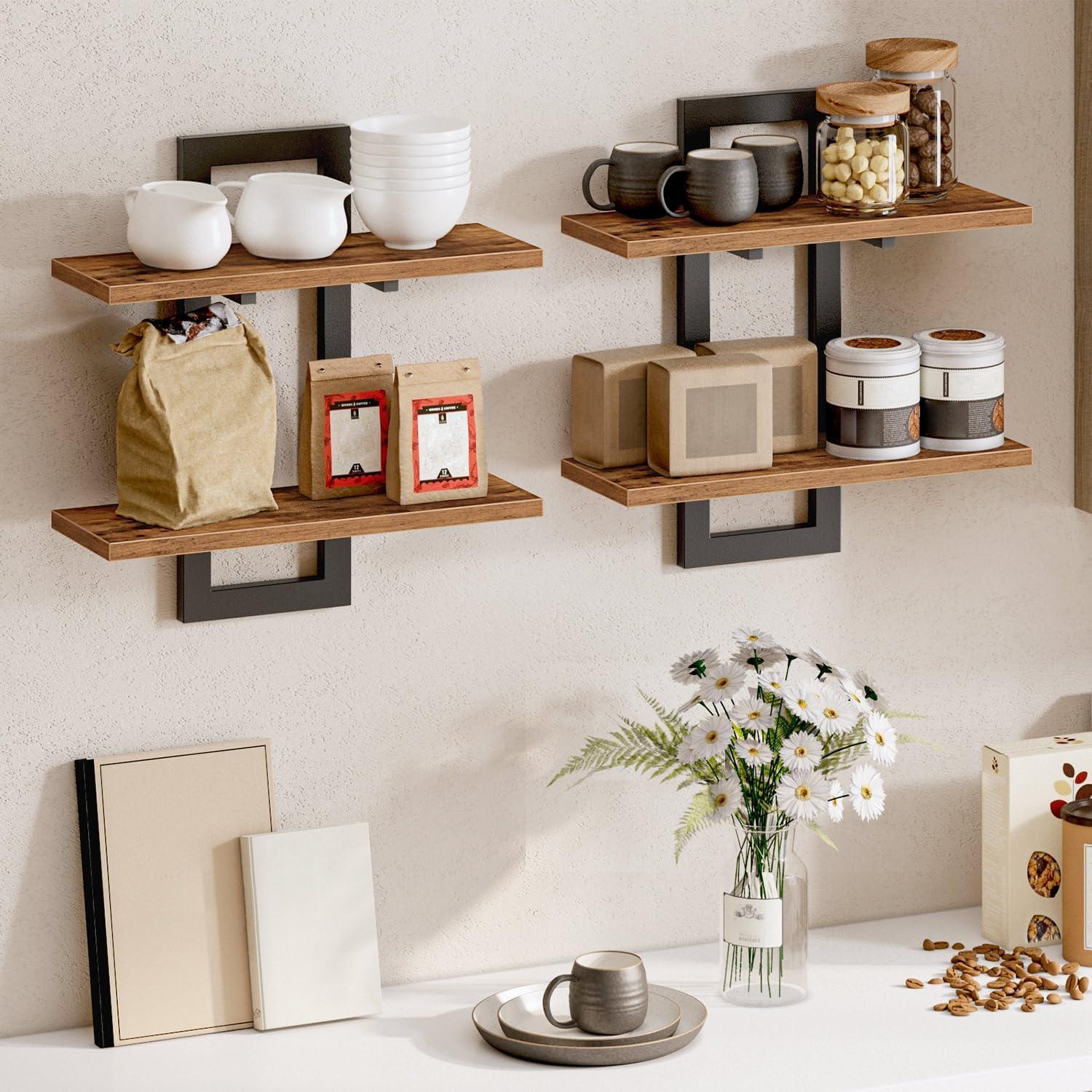 imageHOOBRO Floating Shelves 15 Inch Wall Shelf Set of 2 Wall Mounted Storage Shelves 2Tier Hanging Bathroom Shelves for Living Room Bedroom Bathroom Kitchen White WW32BJ01Rustic Brown Black