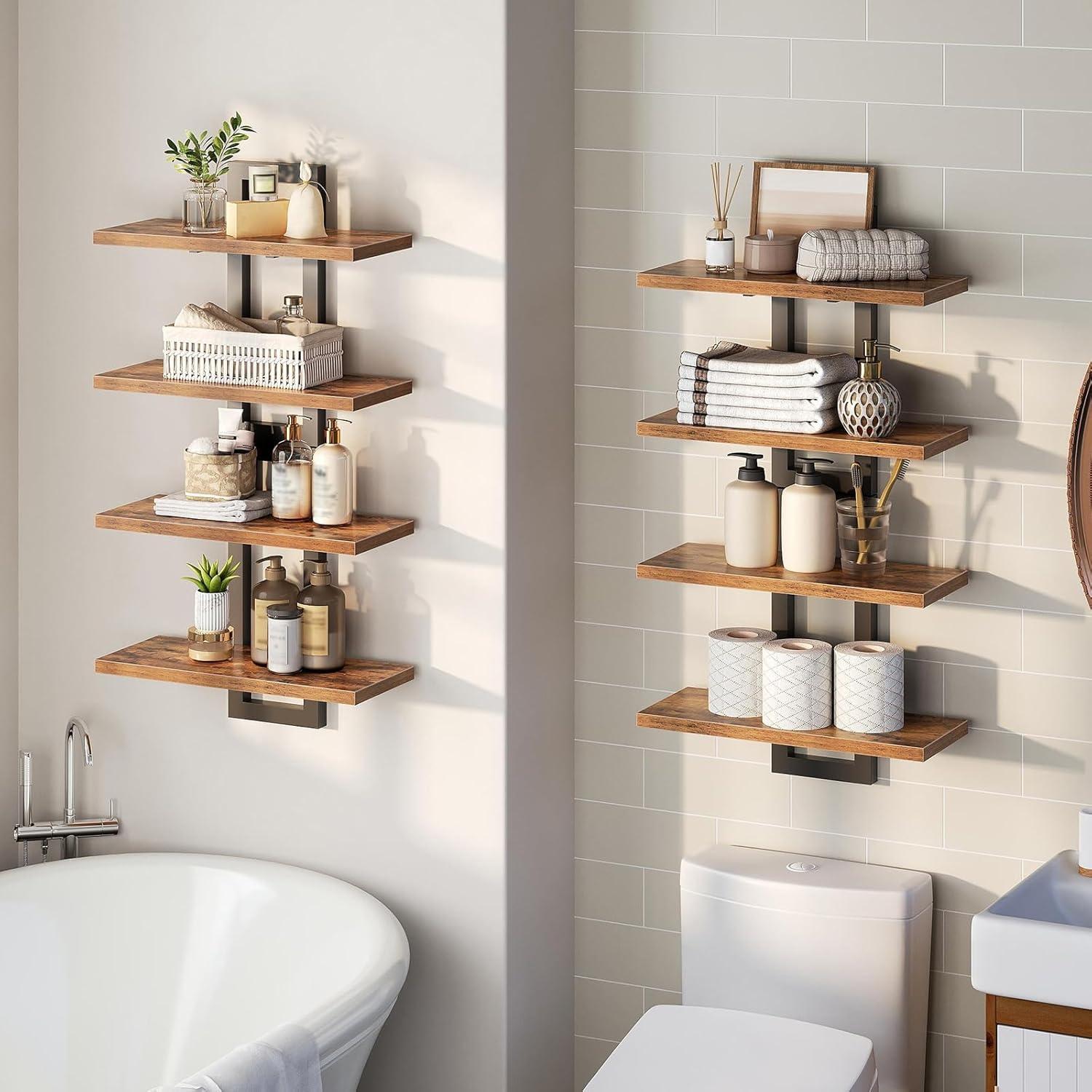 imageHOOBRO Floating Shelves 15 Inch Wall Shelf Set of 2 Wall Mounted Storage Shelves 2Tier Hanging Bathroom Shelves for Living Room Bedroom Bathroom Kitchen White WW32BJ01Rustic Brown Black