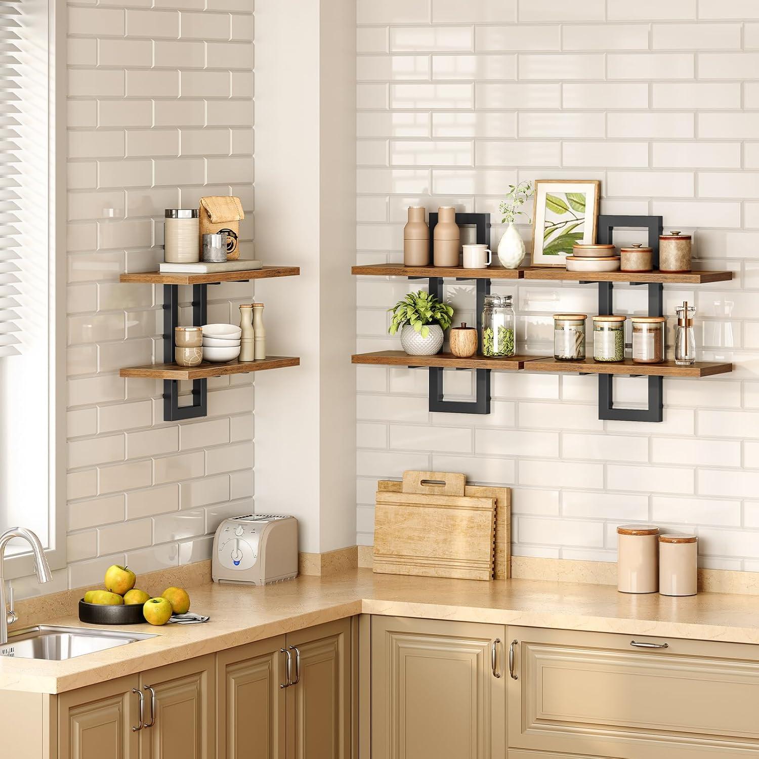 imageHOOBRO Floating Shelves 15 Inch Wall Shelf Set of 2 Wall Mounted Storage Shelves 2Tier Hanging Bathroom Shelves for Living Room Bedroom Bathroom Kitchen White WW32BJ01Rustic Brown Black