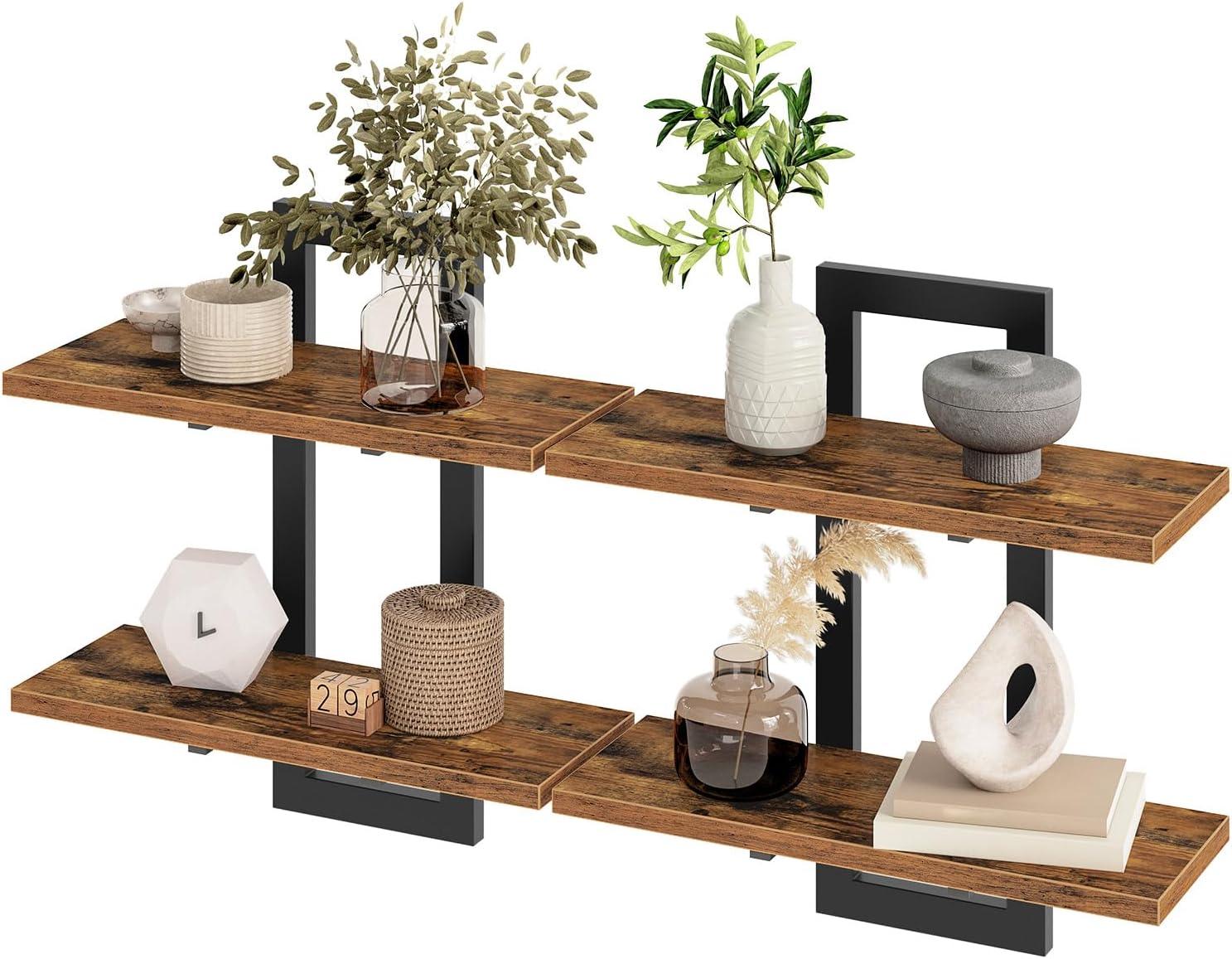 imageHOOBRO Floating Shelves 15 Inch Wall Shelf Set of 2 Wall Mounted Storage Shelves 2Tier Hanging Bathroom Shelves for Living Room Bedroom Bathroom Kitchen White WW32BJ01Rustic Brown Black