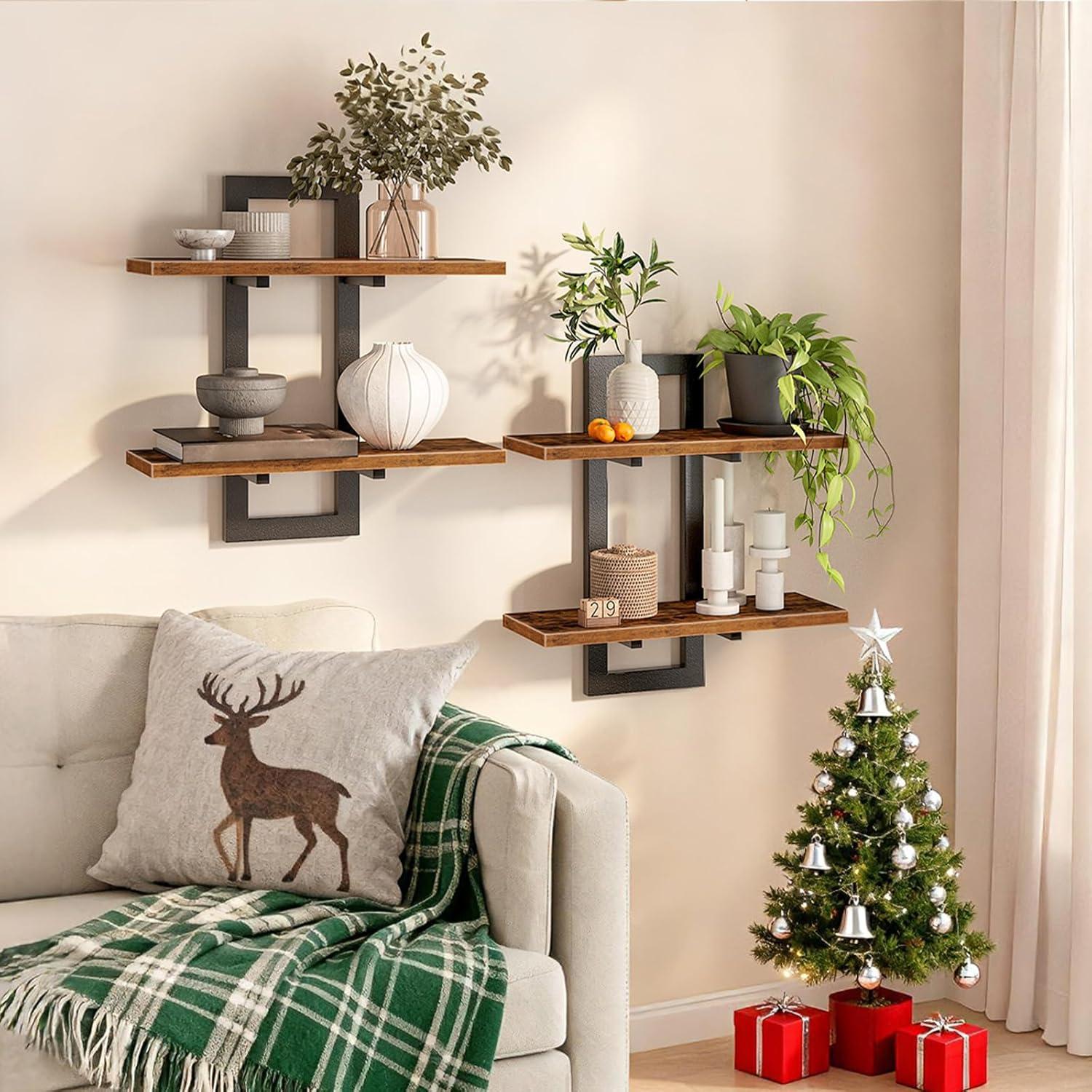imageHOOBRO Floating Shelves 15 Inch Wall Shelf Set of 2 Wall Mounted Storage Shelves 2Tier Hanging Bathroom Shelves for Living Room Bedroom Bathroom Kitchen White WW32BJ01Rustic Brown Black