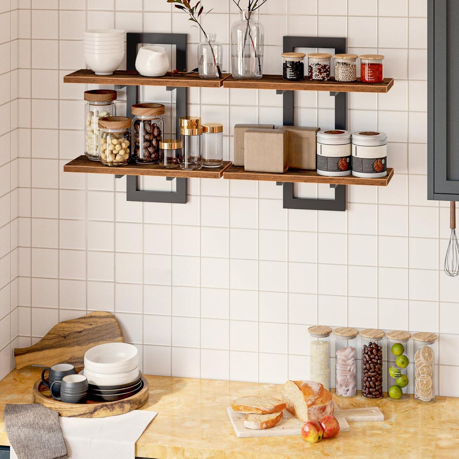 imageHOOBRO Floating Shelves 15 Inch Wall Shelf Set of 2 Wall Mounted Storage Shelves 2Tier Hanging Bathroom Shelves for Living Room Bedroom Bathroom Kitchen White WW32BJ01Rustic Brown Black