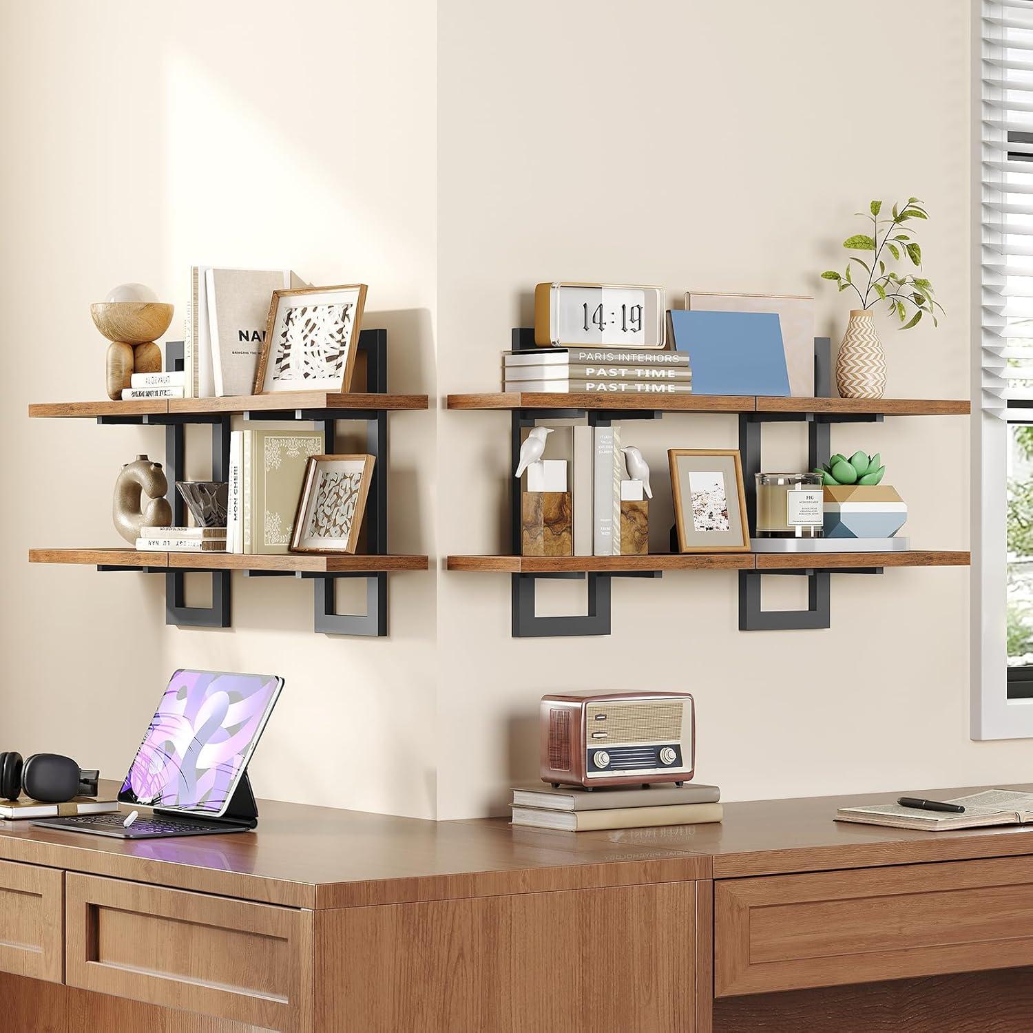 imageHOOBRO Floating Shelves 15 Inch Wall Shelf Set of 2 Wall Mounted Storage Shelves 2Tier Hanging Bathroom Shelves for Living Room Bedroom Bathroom Kitchen White WW32BJ01Rustic Brown Black