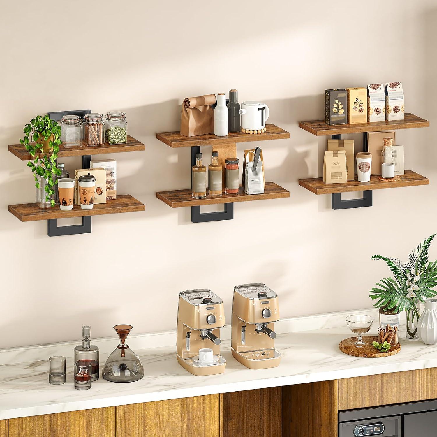 imageHOOBRO Floating Shelves 15 Inch Wall Shelf Set of 2 Wall Mounted Storage Shelves 2Tier Hanging Bathroom Shelves for Living Room Bedroom Bathroom Kitchen White WW32BJ01Rustic Brown Black