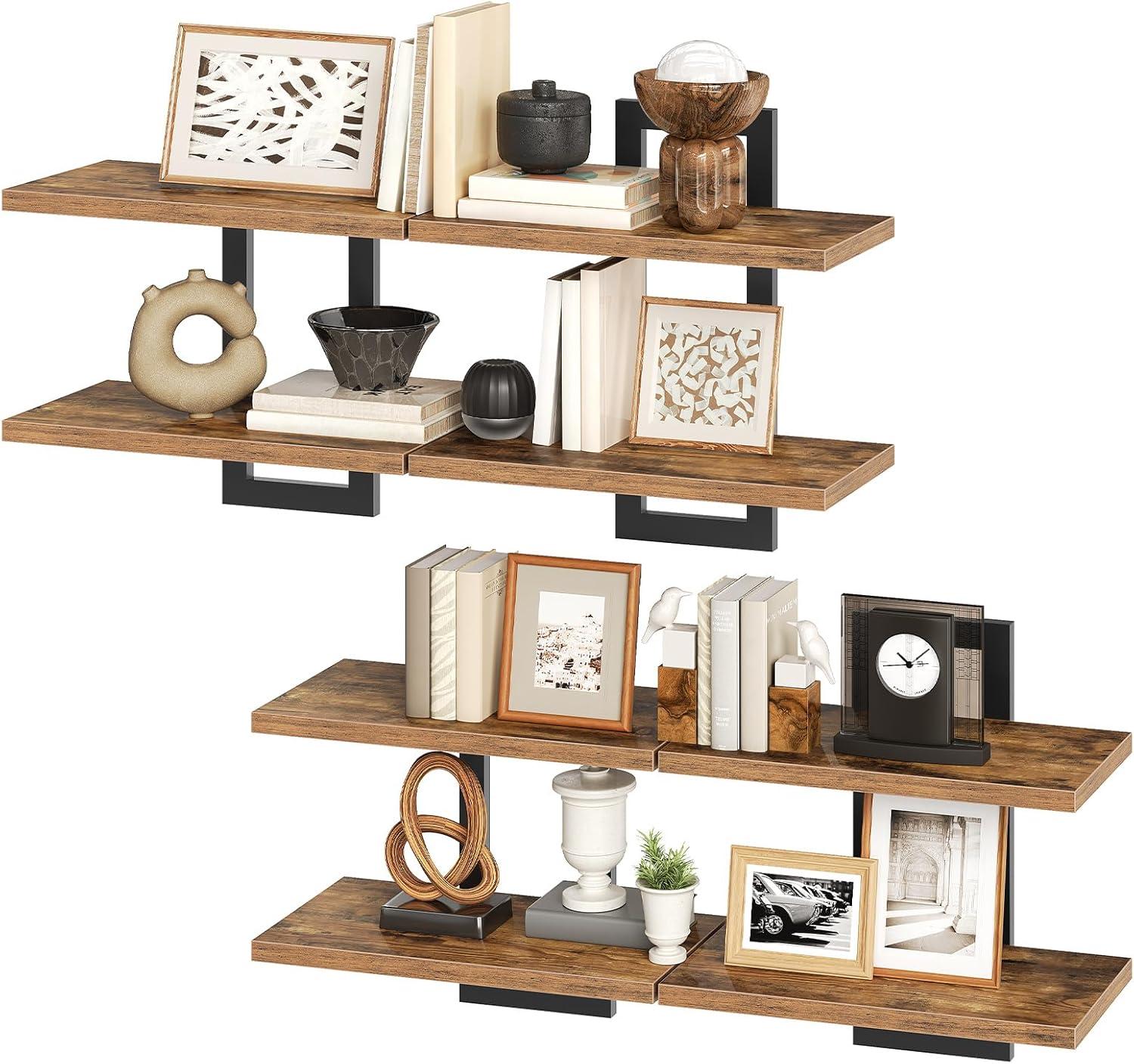 imageHOOBRO Floating Shelves 15 Inch Wall Shelf Set of 2 Wall Mounted Storage Shelves 2Tier Hanging Bathroom Shelves for Living Room Bedroom Bathroom Kitchen White WW32BJ01Rustic Brown Black