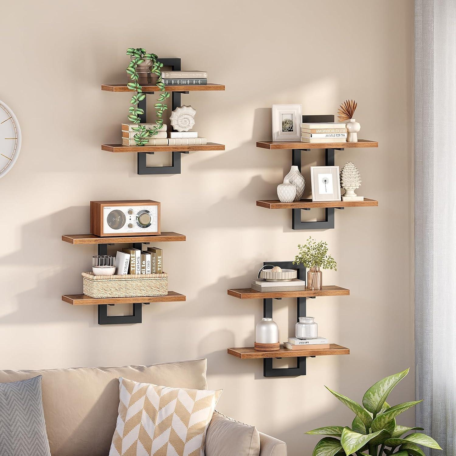 imageHOOBRO Floating Shelves 15 Inch Wall Shelf Set of 2 Wall Mounted Storage Shelves 2Tier Hanging Bathroom Shelves for Living Room Bedroom Bathroom Kitchen White WW32BJ01Rustic Brown Black