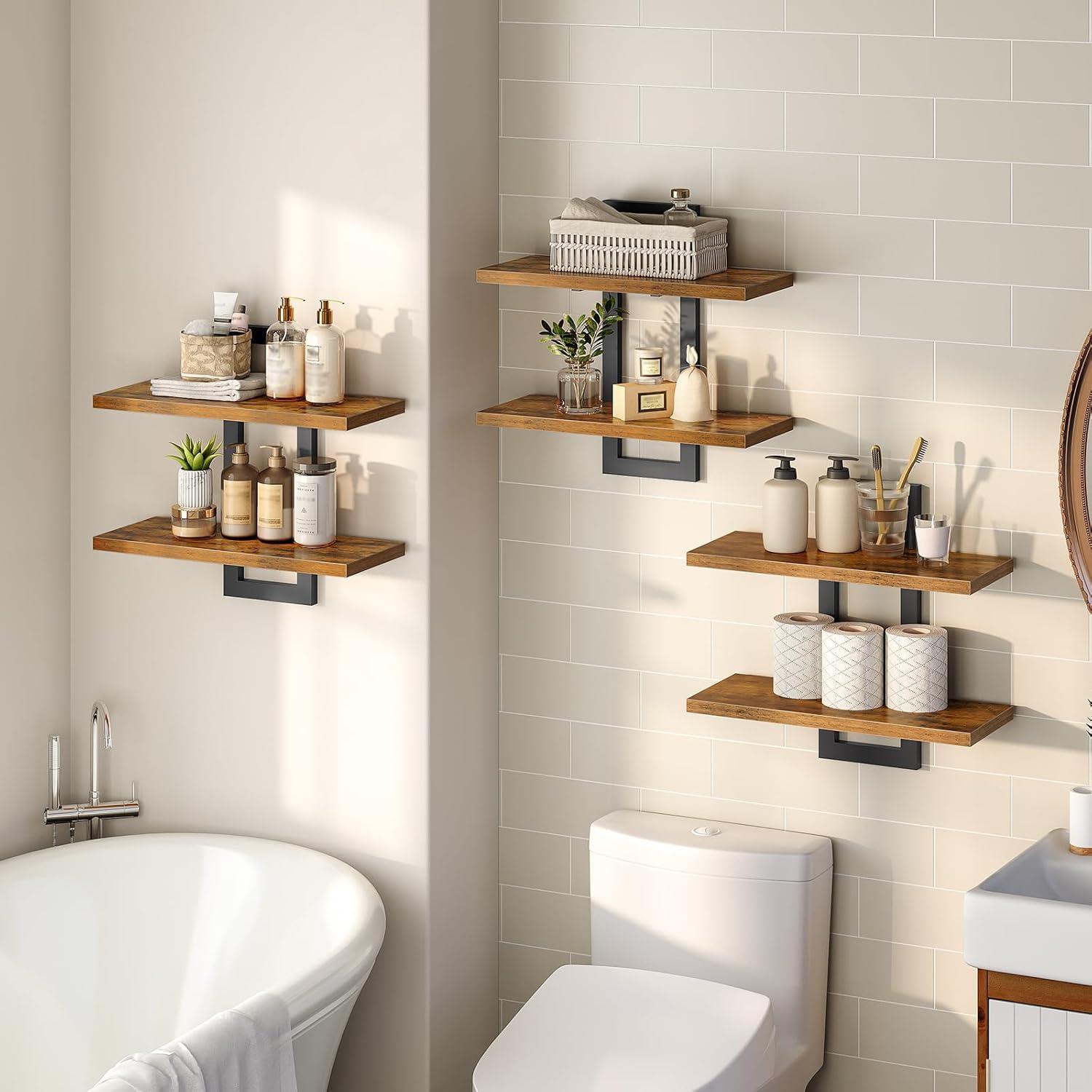 imageHOOBRO Floating Shelves 15 Inch Wall Shelf Set of 2 Wall Mounted Storage Shelves 2Tier Hanging Bathroom Shelves for Living Room Bedroom Bathroom Kitchen White WW32BJ01Rustic Brown Black