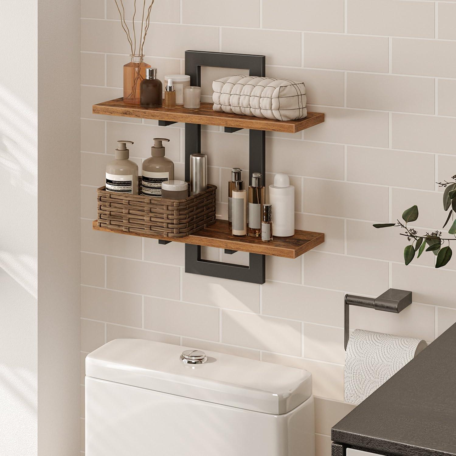 imageHOOBRO Floating Shelves 15 Inch Wall Shelf Set of 2 Wall Mounted Storage Shelves 2Tier Hanging Bathroom Shelves for Living Room Bedroom Bathroom Kitchen White WW32BJ01Rustic Brown Black