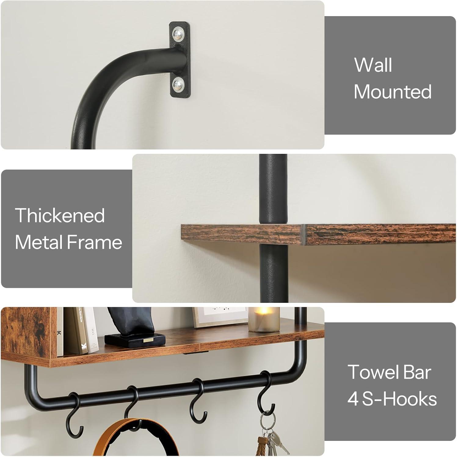 imageHOOBRO Floating Shelves with LED Lights 295 LED Wall Mounted Gaming Shelf 3Tier Pipe Display Rack with Hanging Rod and 4 SHooks for Storage Livingroom Bedroom Rustic Brown and Black BF21DBJ01Rustic Brown Black