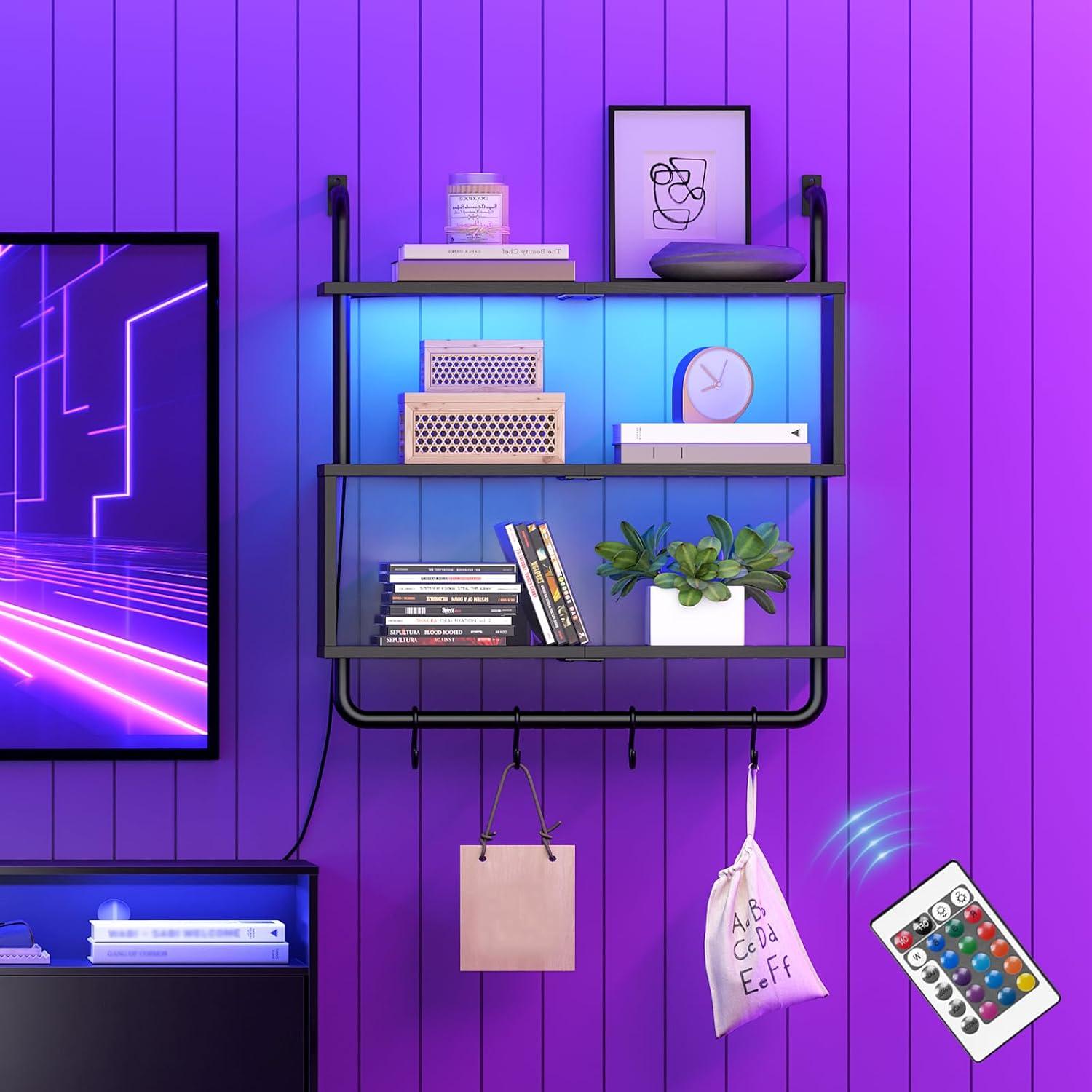 imageHOOBRO Floating Shelves with LED Lights 295 LED Wall Mounted Gaming Shelf 3Tier Pipe Display Rack with Hanging Rod and 4 SHooks for Storage Livingroom Bedroom Rustic Brown and Black BF21DBJ01Black
