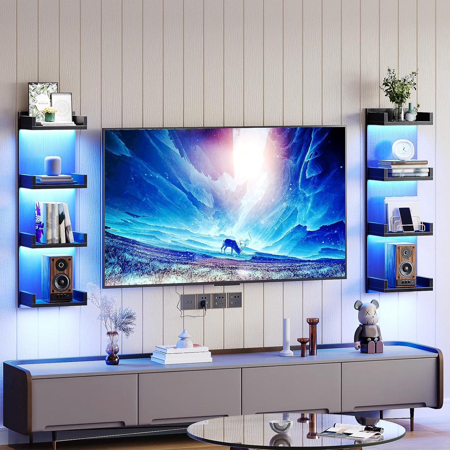 imageHOOBRO Floating Wall Shelves with LED Lights Floating Shelf Wall Mounted for Storage Vertical Display Stand Modern Column Rack for Bedroom Livingroom 4Tier 358 Inches White WT41DBJ01Black