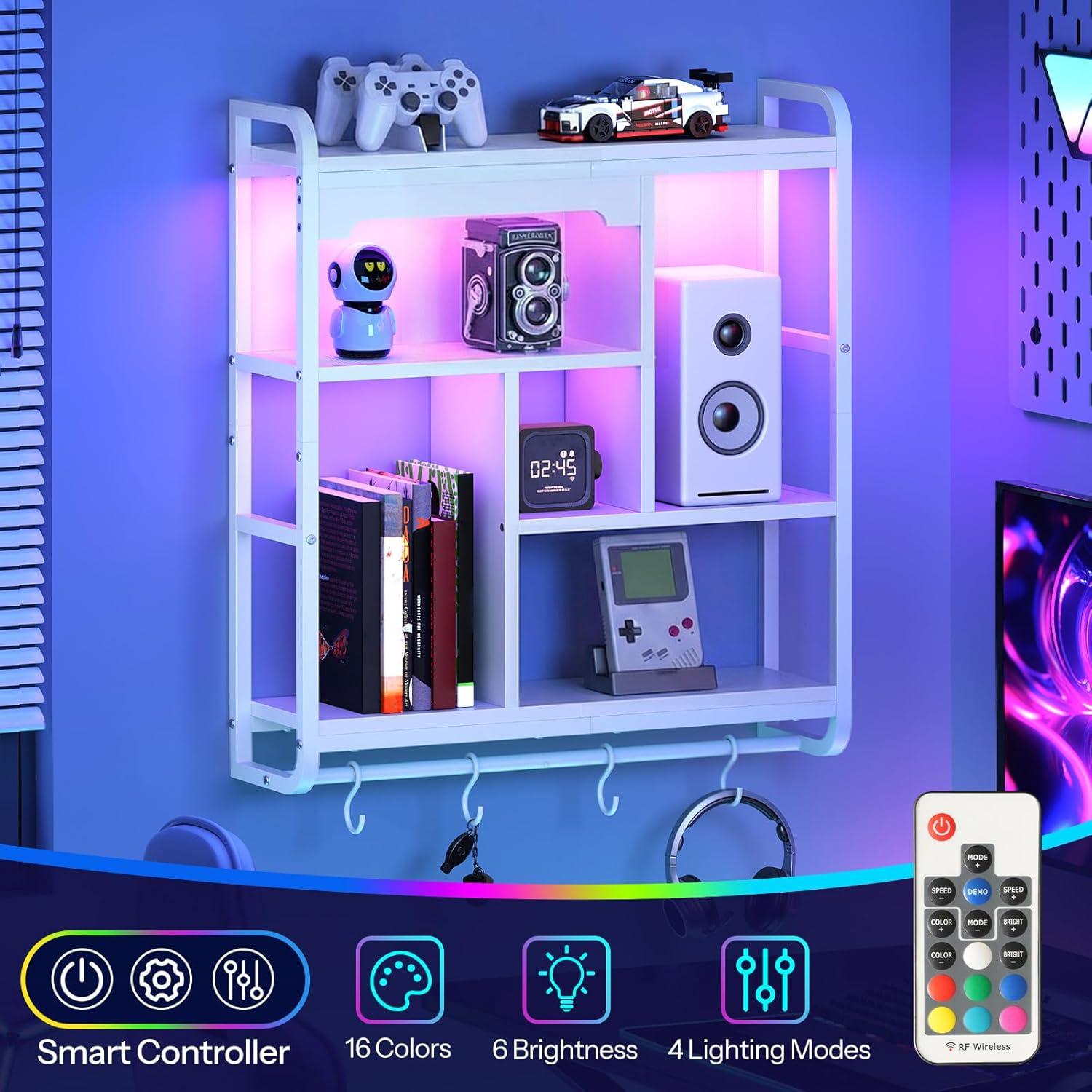 imageHOOBRO Gaming Floating Shelves with LED Lights 264 LED Wall Mounted Shelf Modern Corner Shelf 3Tier Display Rack for Wall Storage Arched Design for Kitchen Living Room Study White WT44DBJ01White