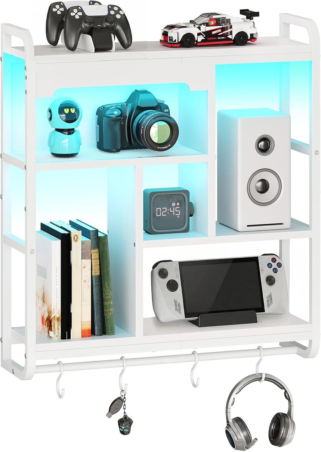imageHOOBRO Gaming Floating Shelves with LED Lights 264 LED Wall Mounted Shelf Modern Corner Shelf 3Tier Display Rack for Wall Storage Arched Design for Kitchen Living Room Study White WT44DBJ01White