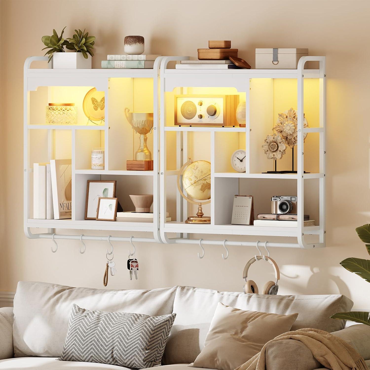 imageHOOBRO Gaming Floating Shelves with LED Lights 264 LED Wall Mounted Shelf Modern Corner Shelf 3Tier Display Rack for Wall Storage Arched Design for Kitchen Living Room Study White WT44DBJ01White