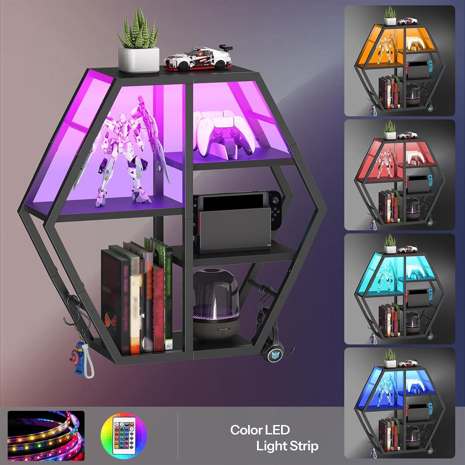 imageHOOBRO Gaming Floating Shelves with LED Lights Gaming Wall Mounted Shelf Hexagonal Display Rack for Wall Storage Floating Rack with 4 SHooks for Gaming Room Black BB76DBJ01