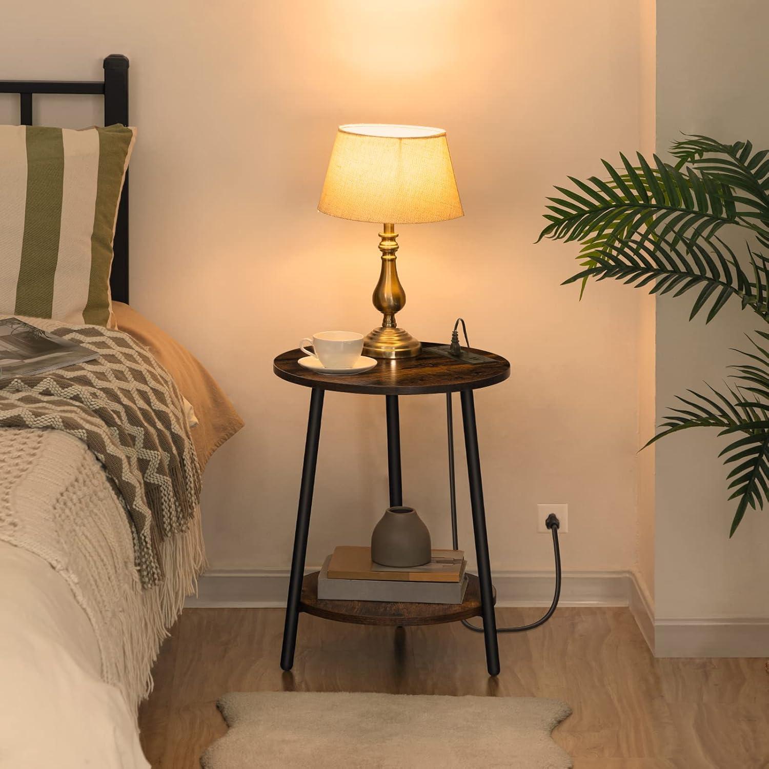 imageHOOBRO Round End Table with Charging Station 2Tier Small Circle Side Table Round Accent Table for Living Room Bedroom Rustic Brown BF671BZ01