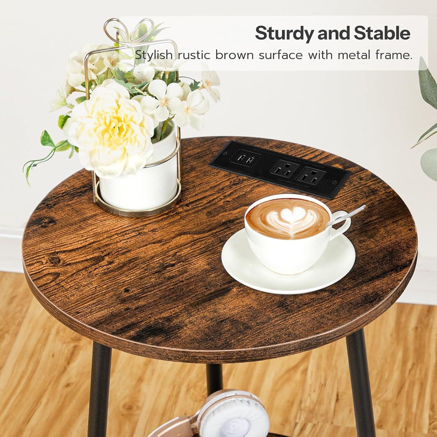 imageHOOBRO Round End Table with Charging Station 2Tier Small Circle Side Table Round Accent Table for Living Room Bedroom Rustic Brown BF671BZ01