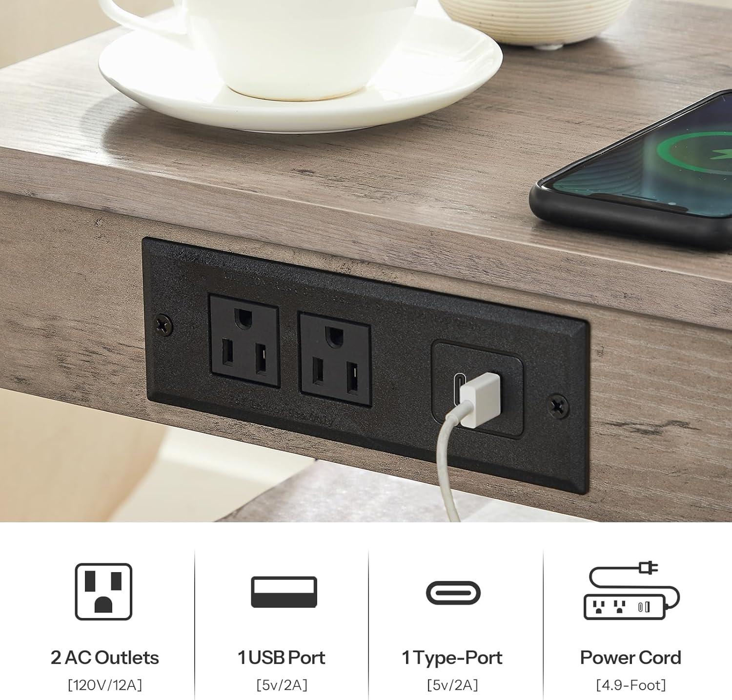 imageHOOBRO Side Tables Set of 2 with Charging Station and USB Port Small End Tables for Small Space 3Tier Nightstands with Adjustable Shelf for Living Room Bedroom Greige BG112BZP201Greige Black