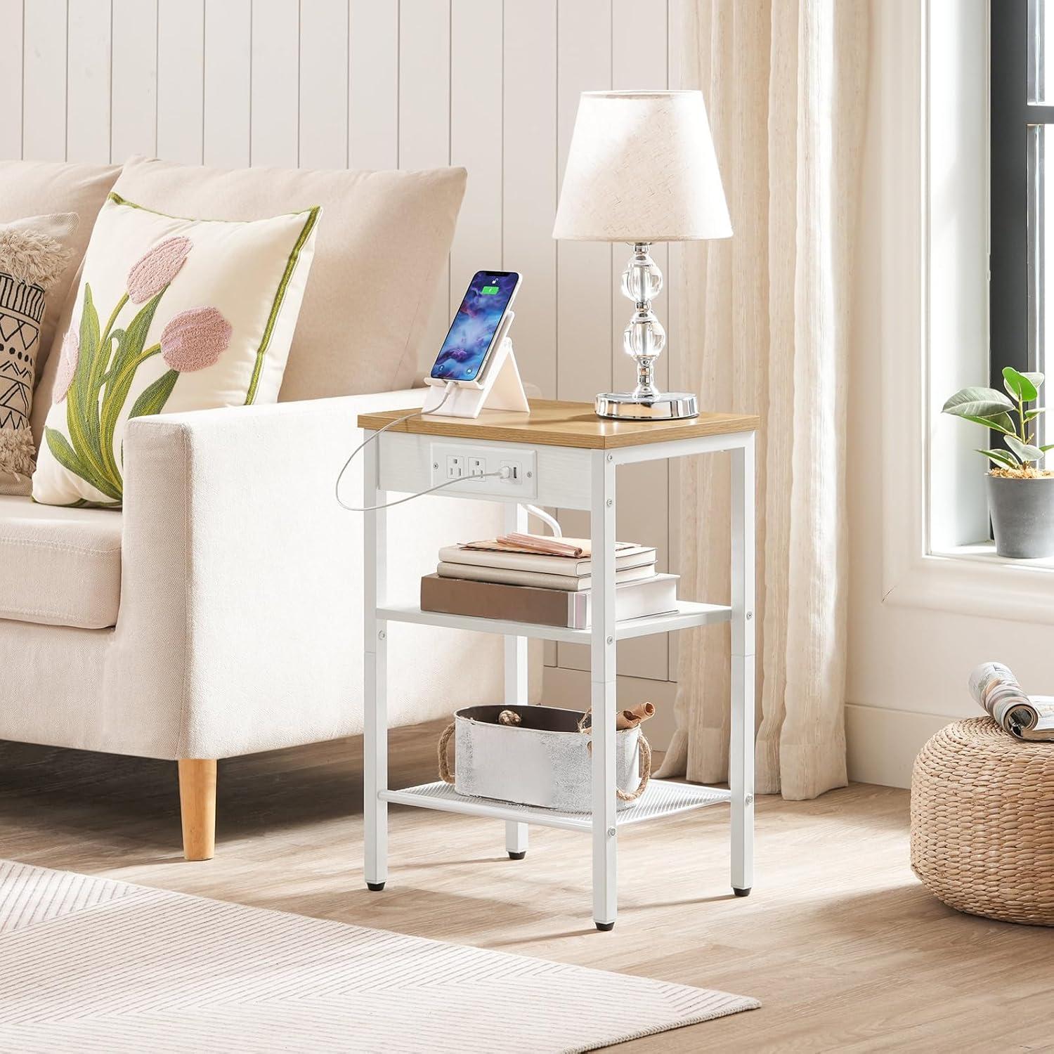 imageHOOBRO Side Tables Set of 2 with Charging Station and USB Port Small End Tables for Small Space 3Tier Nightstands with Adjustable Shelf for Living Room Bedroom Greige BG112BZP201Natural White