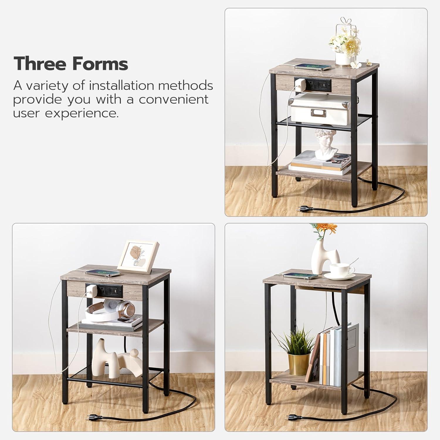 imageHOOBRO Side Tables Set of 2 with Charging Station and USB Port Small End Tables for Small Space 3Tier Nightstands with Adjustable Shelf for Living Room Bedroom Greige BG112BZP201Greige Black