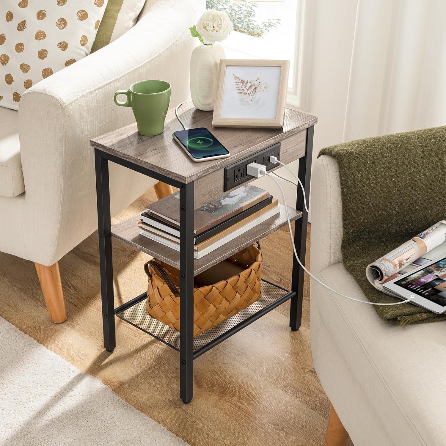 imageHOOBRO Side Tables Set of 2 with Charging Station and USB Port Small End Tables for Small Space 3Tier Nightstands with Adjustable Shelf for Living Room Bedroom Greige BG112BZP201Greige Black