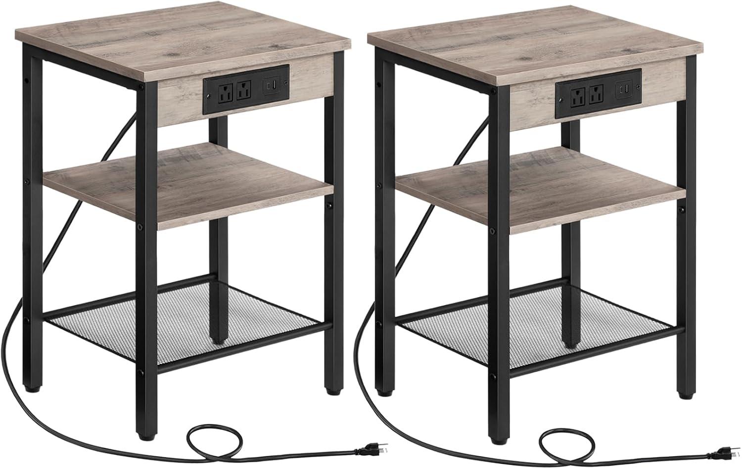 imageHOOBRO Side Tables Set of 2 with Charging Station and USB Port Small End Tables for Small Space 3Tier Nightstands with Adjustable Shelf for Living Room Bedroom Greige BG112BZP201Greige Black