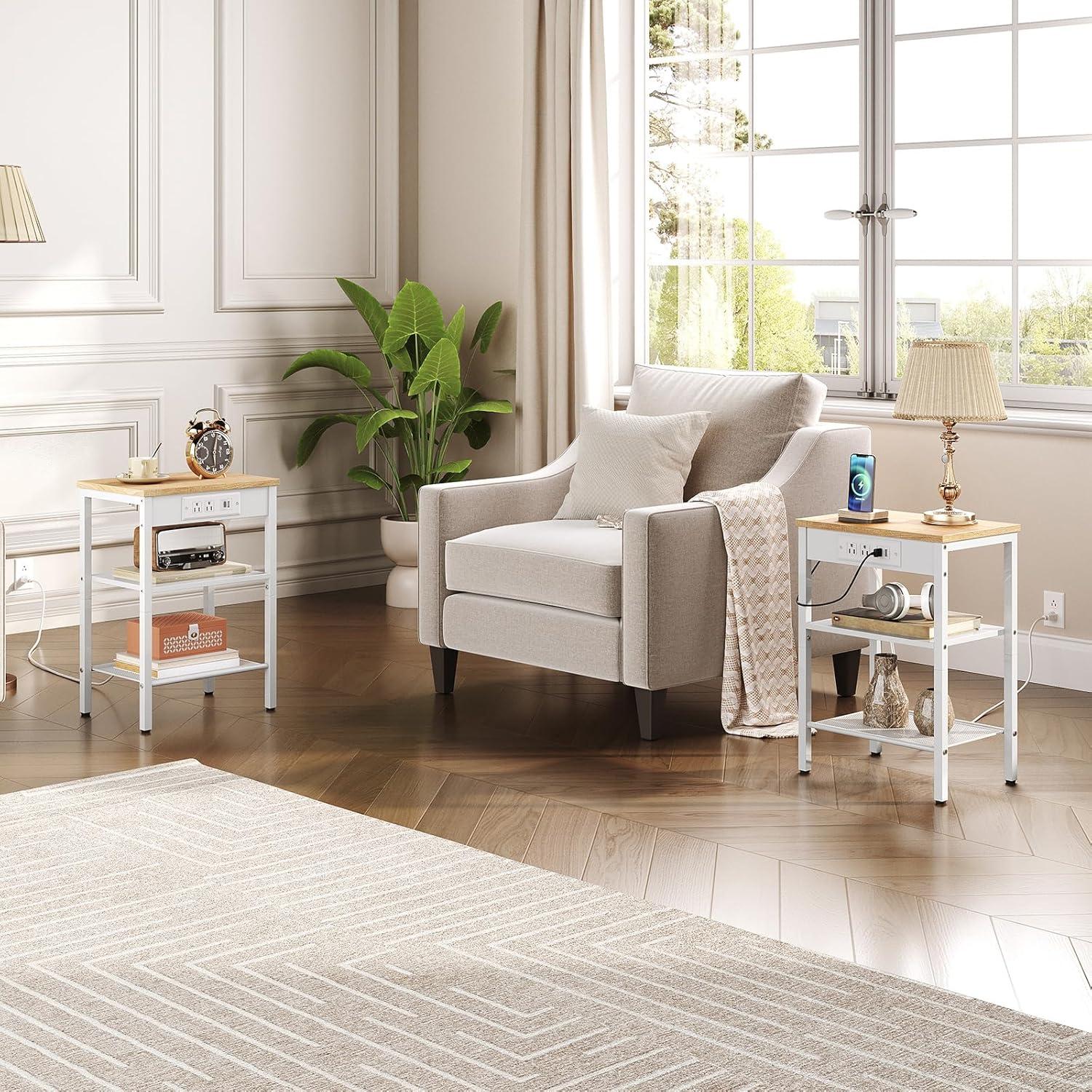 imageHOOBRO Side Tables Set of 2 with Charging Station and USB Port Small End Tables for Small Space 3Tier Nightstands with Adjustable Shelf for Living Room Bedroom Greige BG112BZP201Natural White