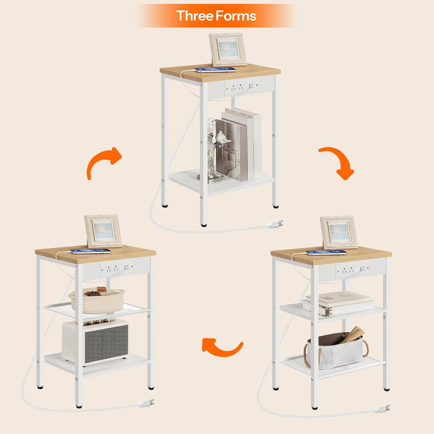 imageHOOBRO Side Tables Set of 2 with Charging Station and USB Port Small End Tables for Small Space 3Tier Nightstands with Adjustable Shelf for Living Room Bedroom Greige BG112BZP201Natural White