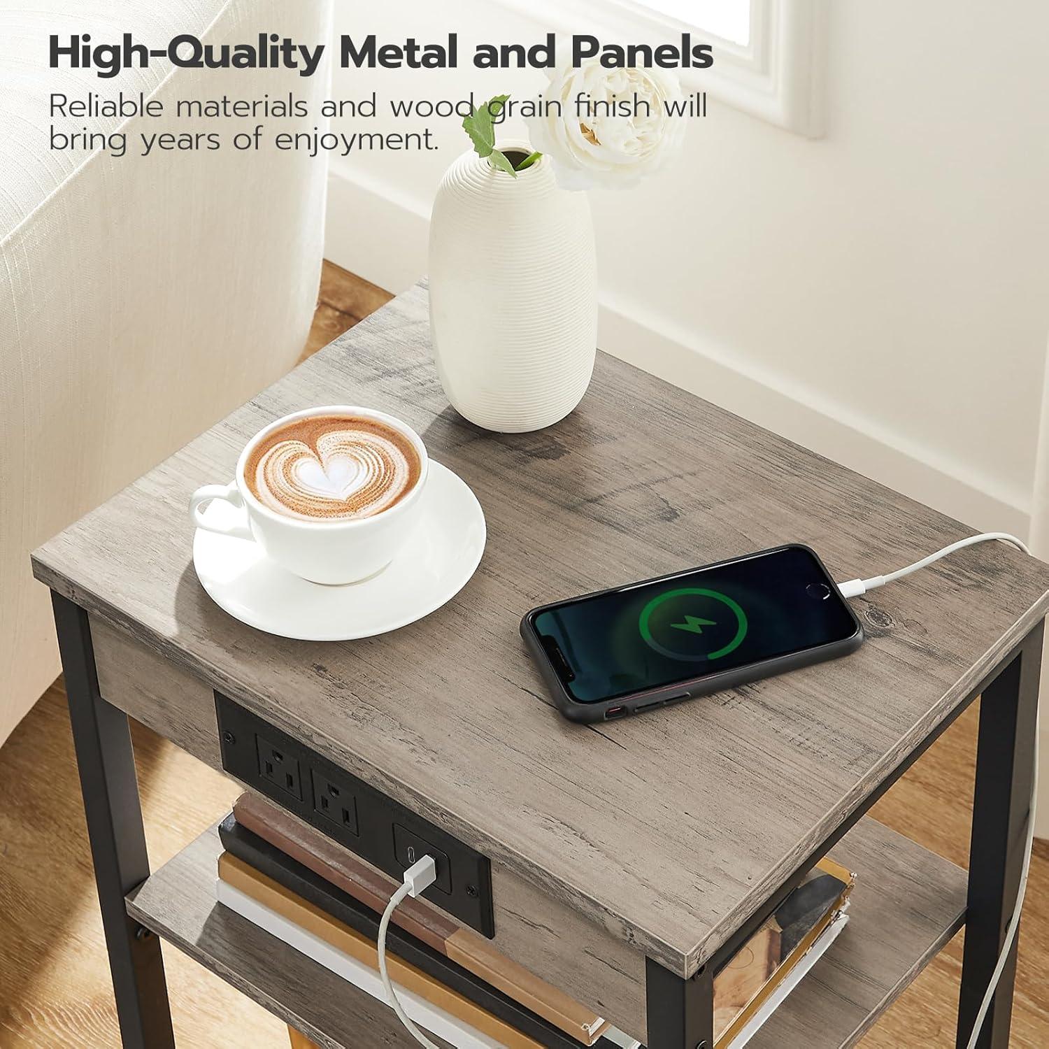 imageHOOBRO Side Tables Set of 2 with Charging Station and USB Port Small End Tables for Small Space 3Tier Nightstands with Adjustable Shelf for Living Room Bedroom Greige BG112BZP201Greige Black