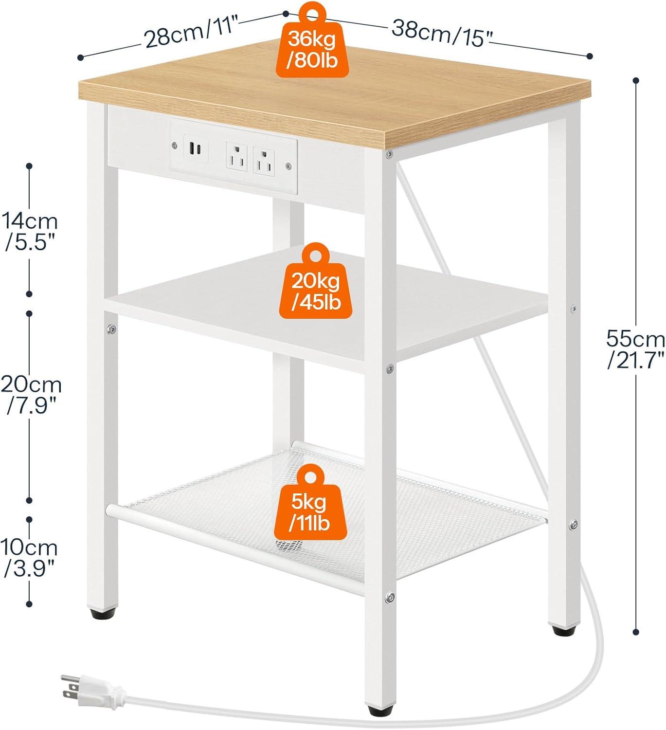 imageHOOBRO Side Tables Set of 2 with Charging Station and USB Port Small End Tables for Small Space 3Tier Nightstands with Adjustable Shelf for Living Room Bedroom Greige BG112BZP201Natural White