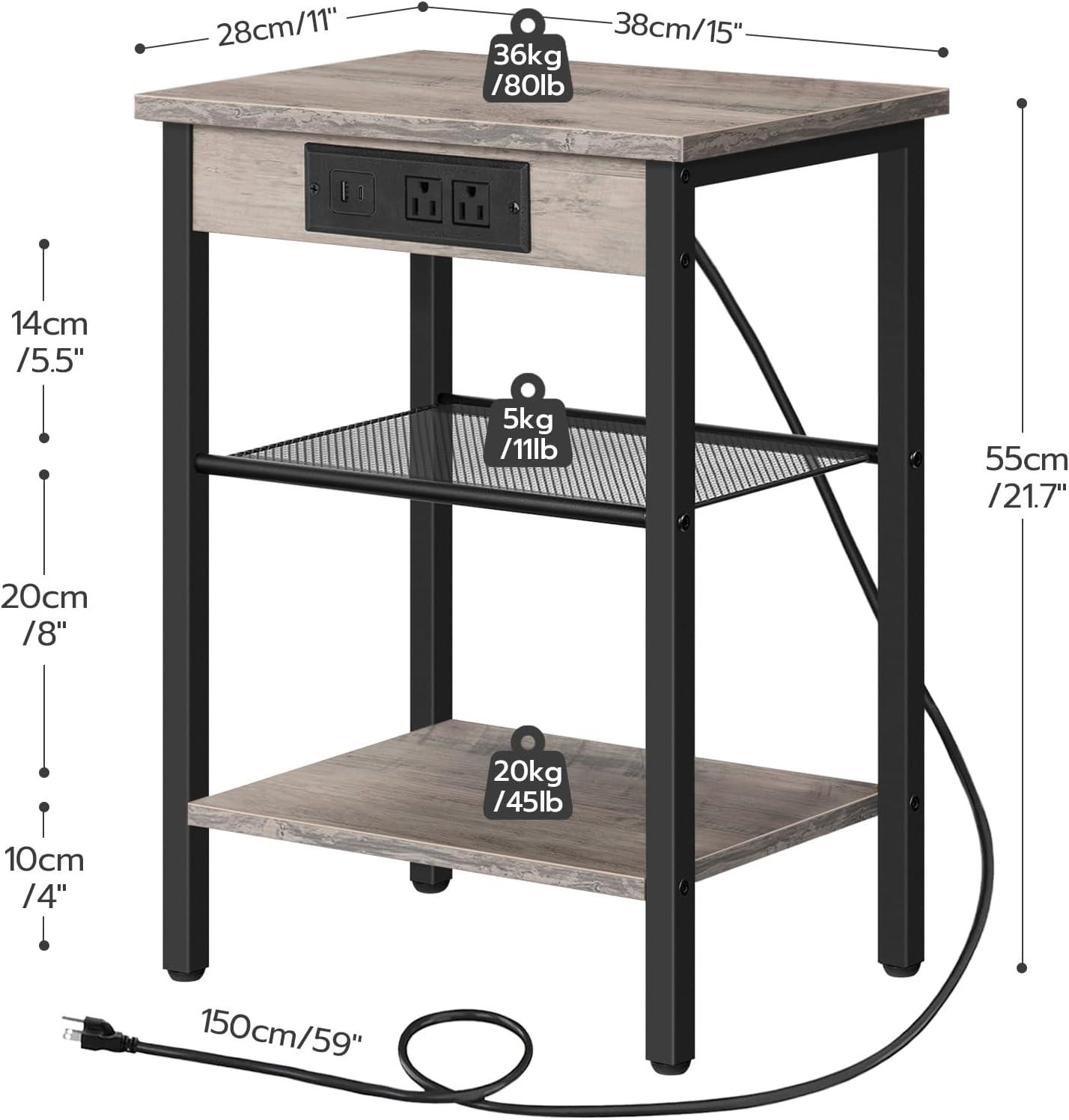 imageHOOBRO Side Tables Set of 2 with Charging Station and USB Port Small End Tables for Small Space 3Tier Nightstands with Adjustable Shelf for Living Room Bedroom Greige BG112BZP201Greige Black