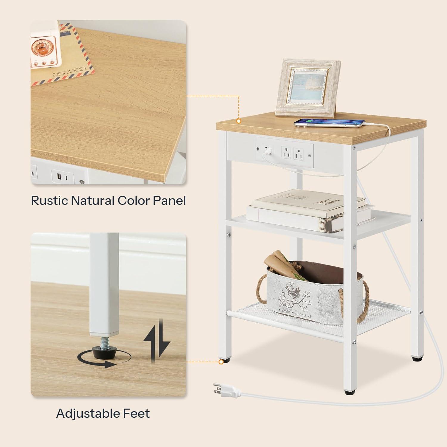 imageHOOBRO Side Tables Set of 2 with Charging Station and USB Port Small End Tables for Small Space 3Tier Nightstands with Adjustable Shelf for Living Room Bedroom Greige BG112BZP201Natural White