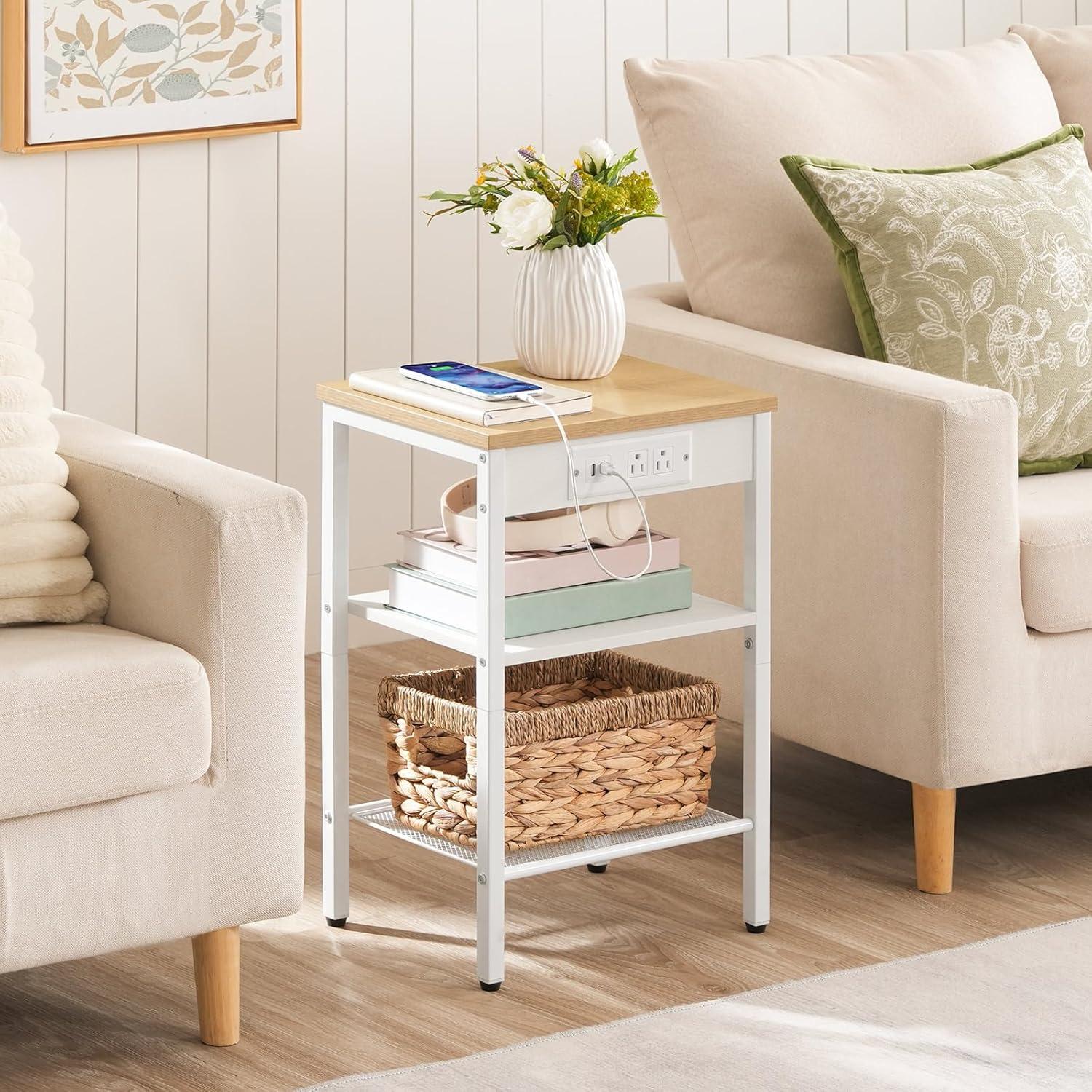 imageHOOBRO Side Tables Set of 2 with Charging Station and USB Port Small End Tables for Small Space 3Tier Nightstands with Adjustable Shelf for Living Room Bedroom Greige BG112BZP201Natural White