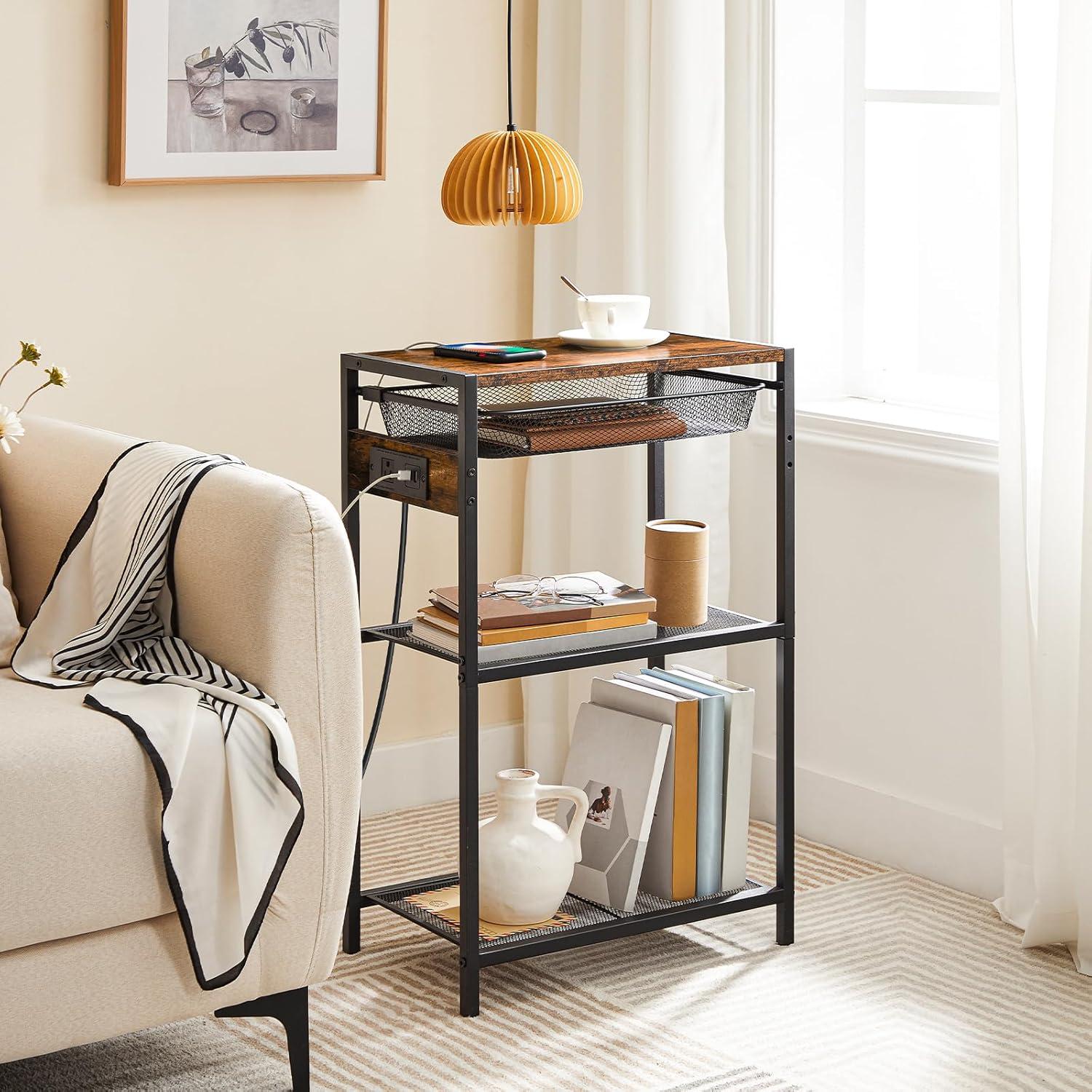 imageHOOBRO Tall End Table with Charging Station Industrial Telephone Table with Adjustable Metal Storage Basket Tall Nightstand for Living Room Bedroom Office Rustic Brown BF06UDH01